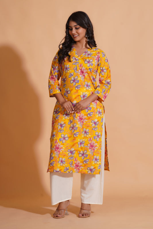 Vibrant Yellow Floral Cotton Kurta Set with Palazzo