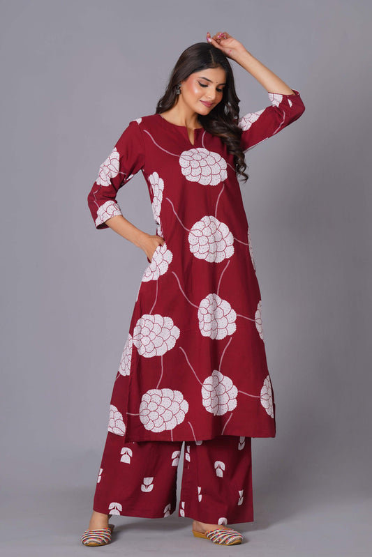 Crimson Blossom Oversized Floral Cotton Kurta Set