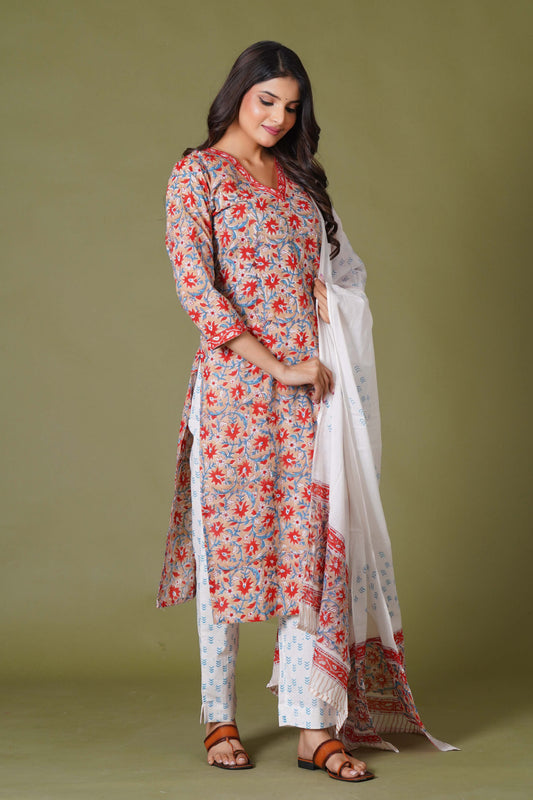 Crimson Bloom Handblock Cotton Suit Set