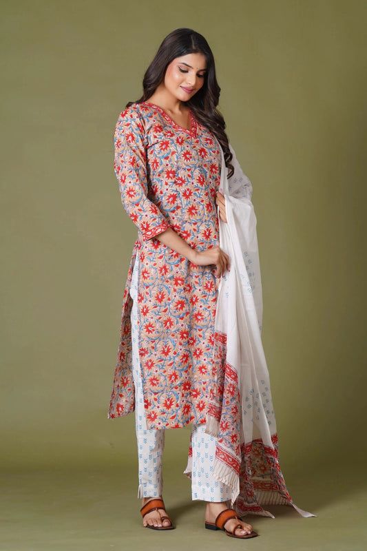 Crimson Bloom Handblock Cotton Suit Set - Himdim Wear