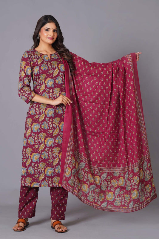 Maroon Finesse Handblock Cotton Kurta Set - Himdim Wear
