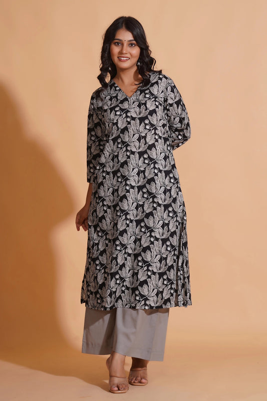 Women's Monochrome Leaf Print A-Line Kurta Set - Himdim Wear