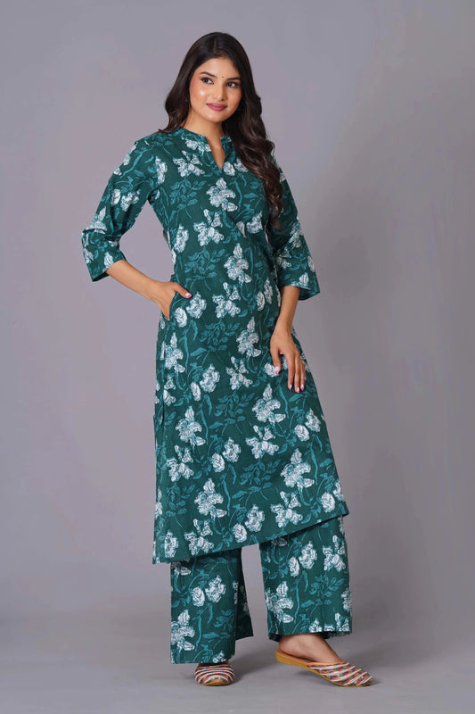 Women's Teal Bloom A-Line Cotton Flared Kurta Set - Himdim Wear