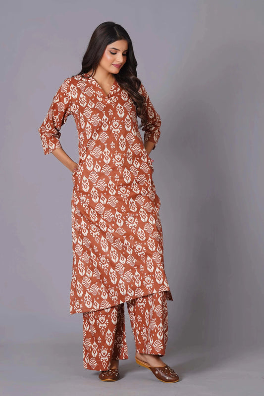 Women's Terracotta Ikat Handblock A-Line Cotton Suit Set - Himdim Wear