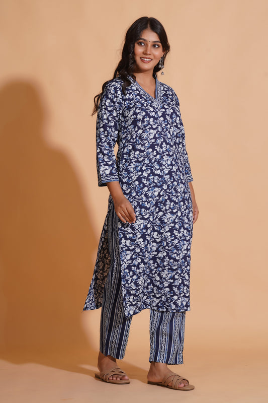 Navy Blossom Heritage Kurta Set
