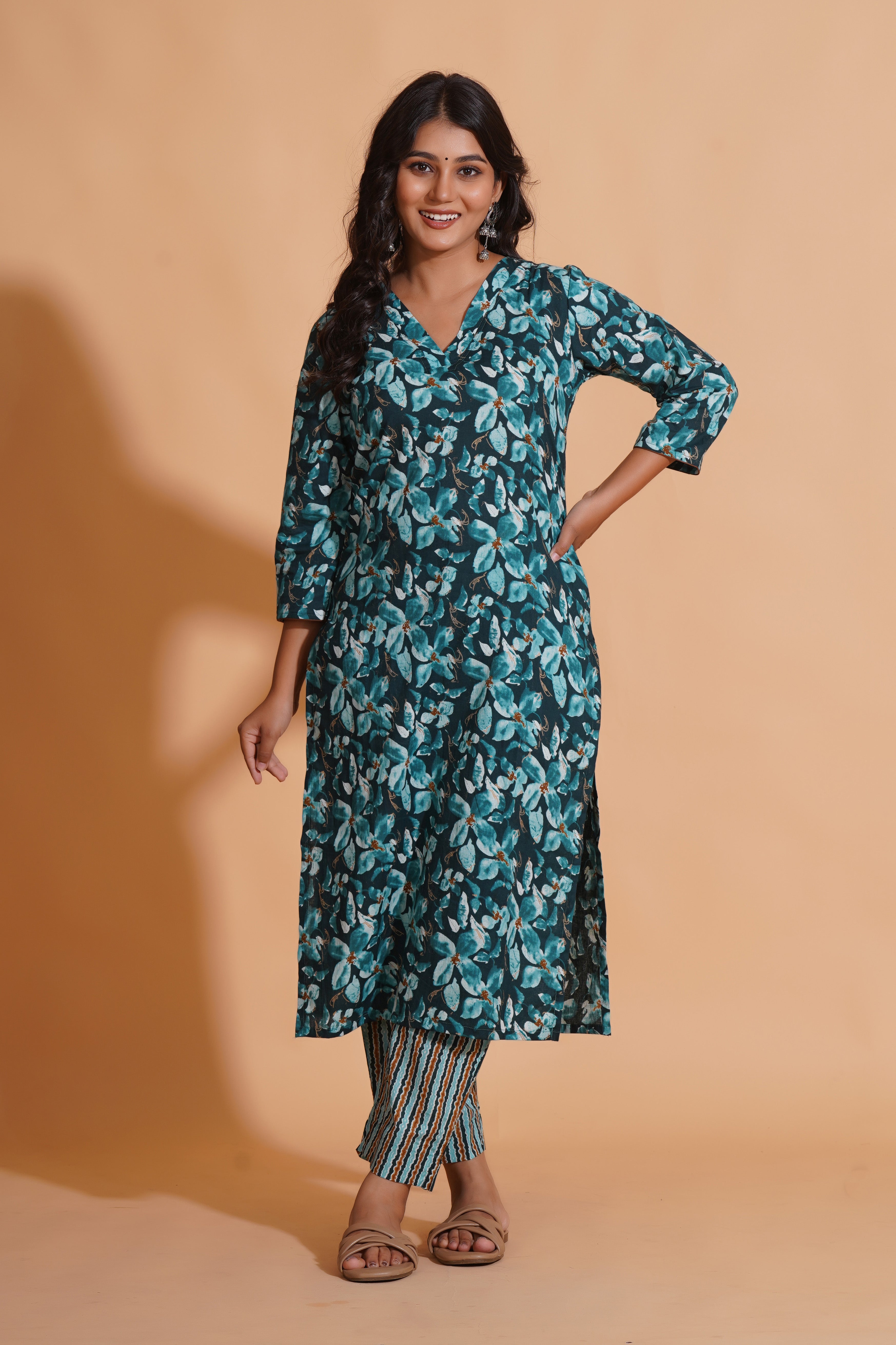 Teal Blossom Print Kurta Set