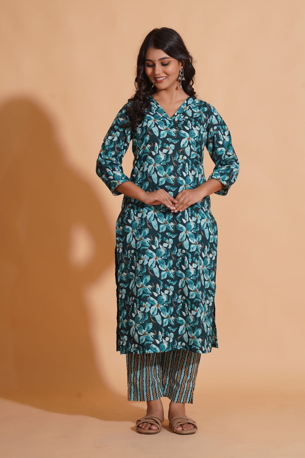 Teal Blossom Print Kurta Set