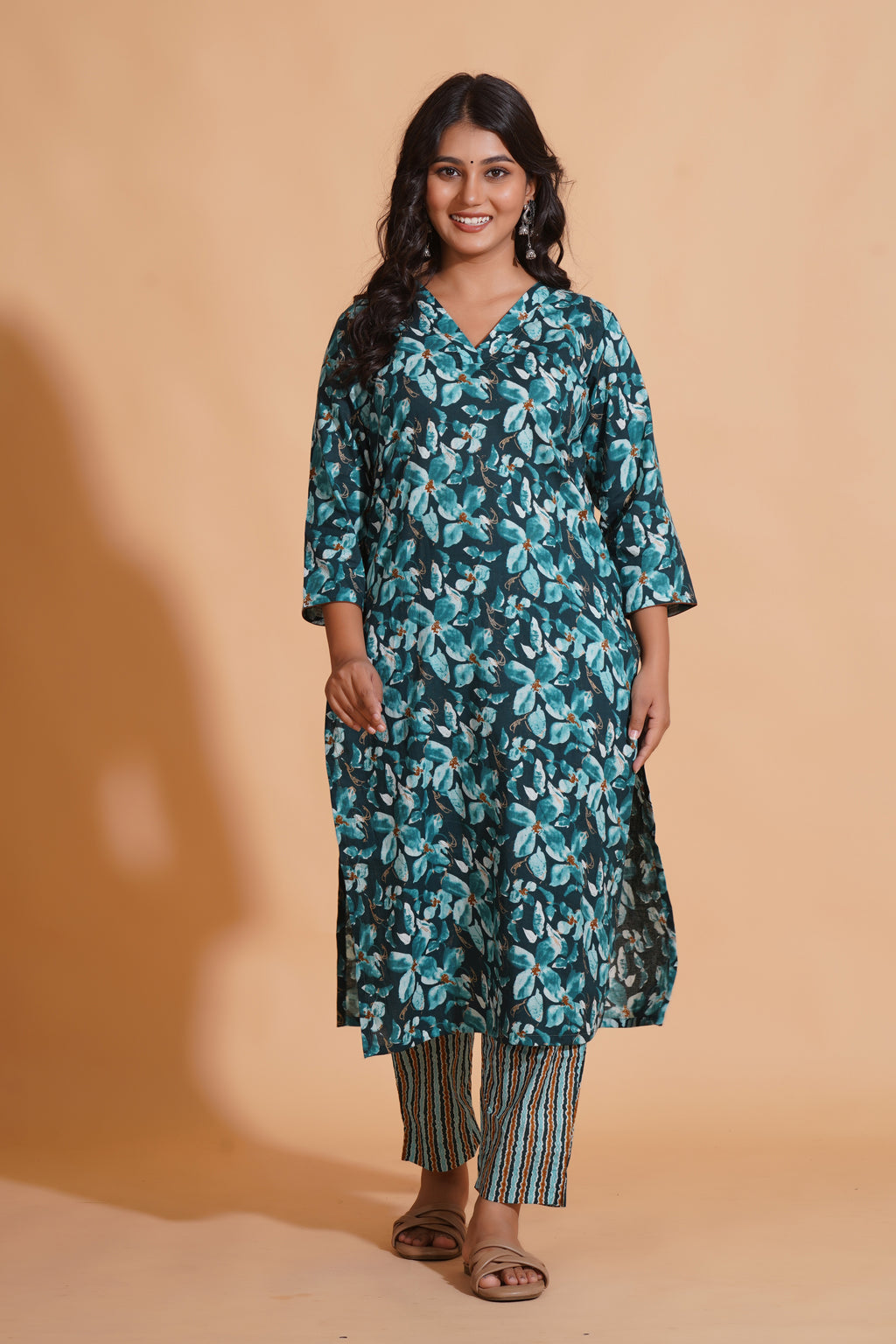 Teal Blossom Print Kurta Set