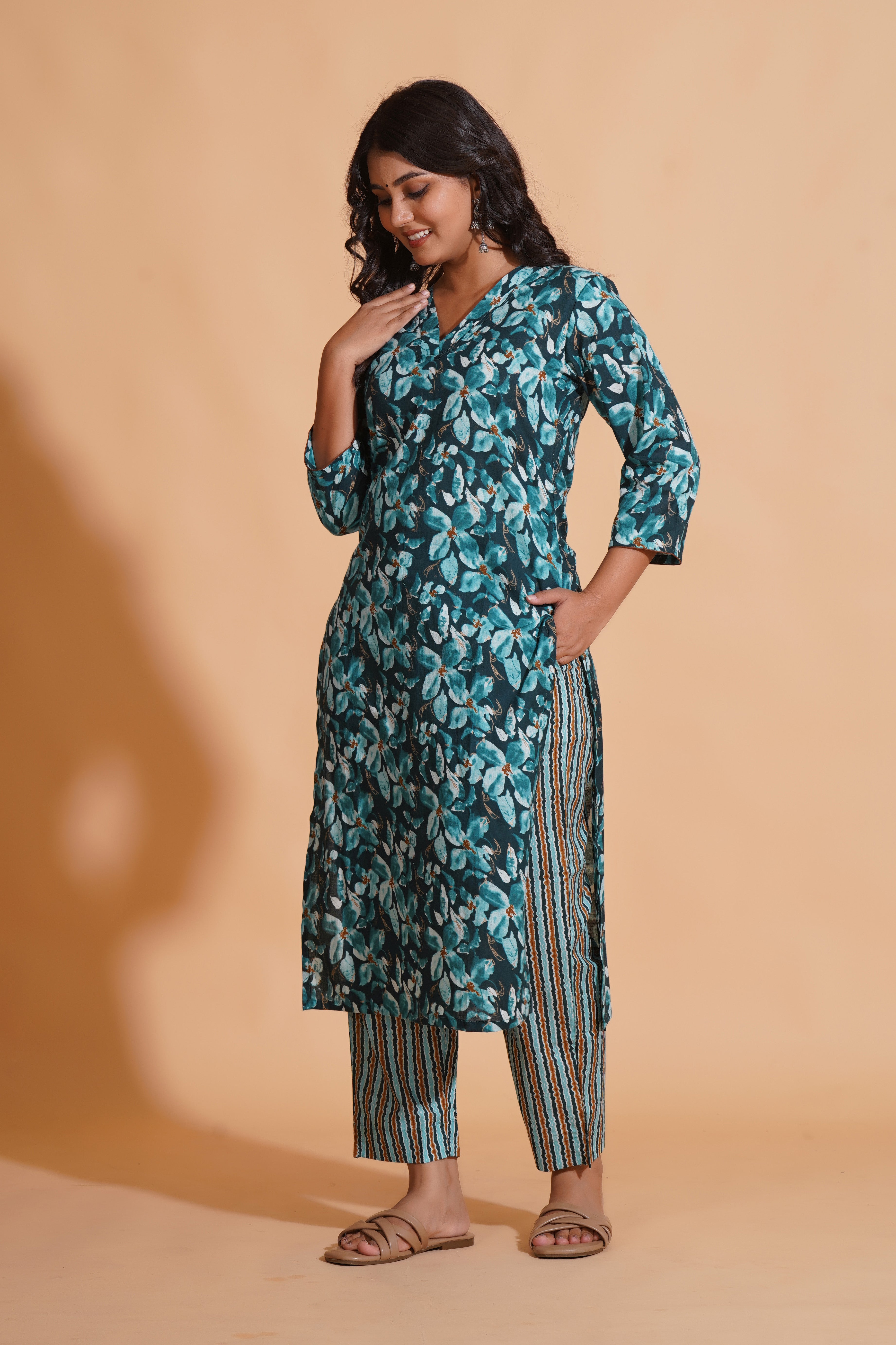 Teal Blossom Print Kurta Set
