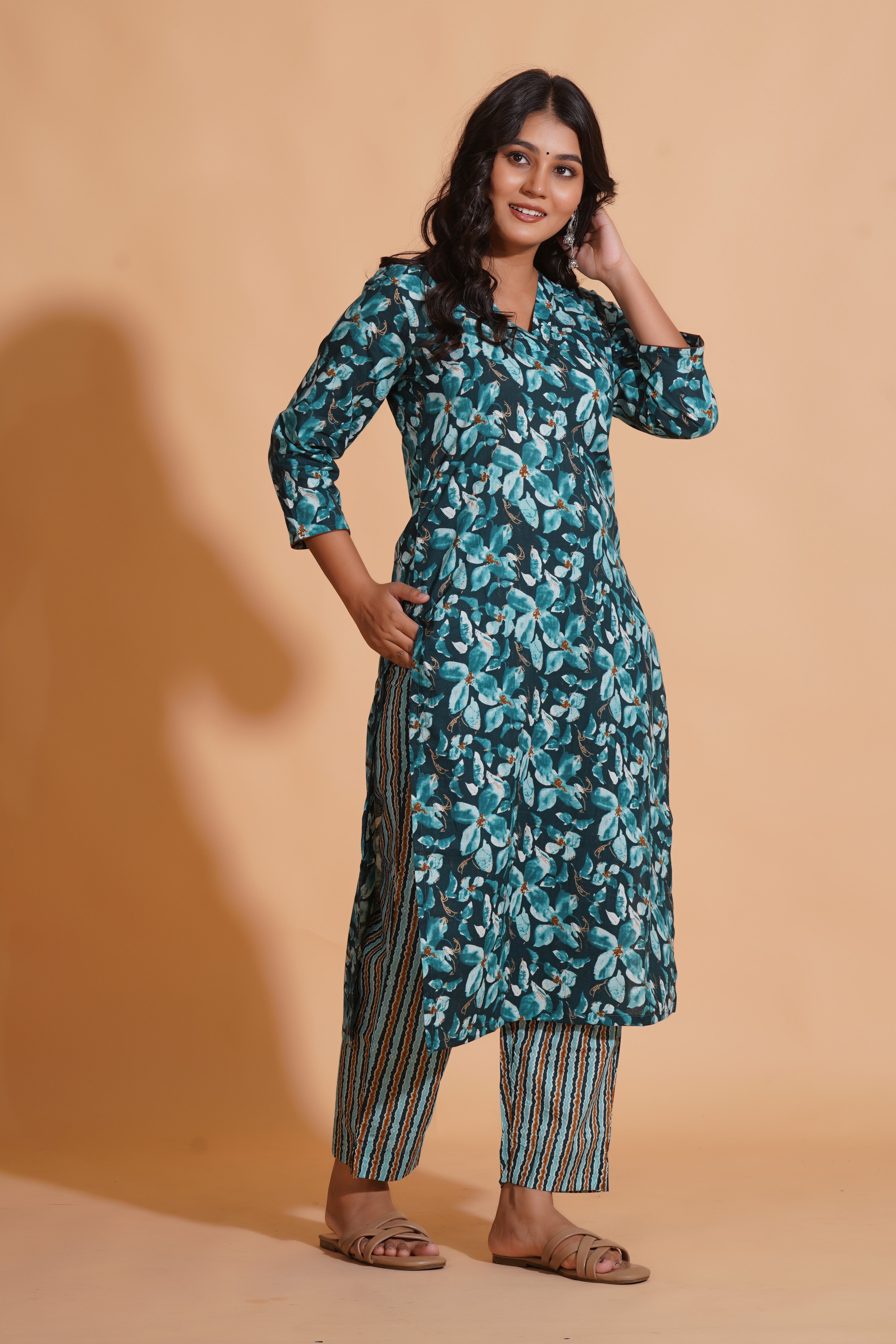 Teal Blossom Print Kurta Set