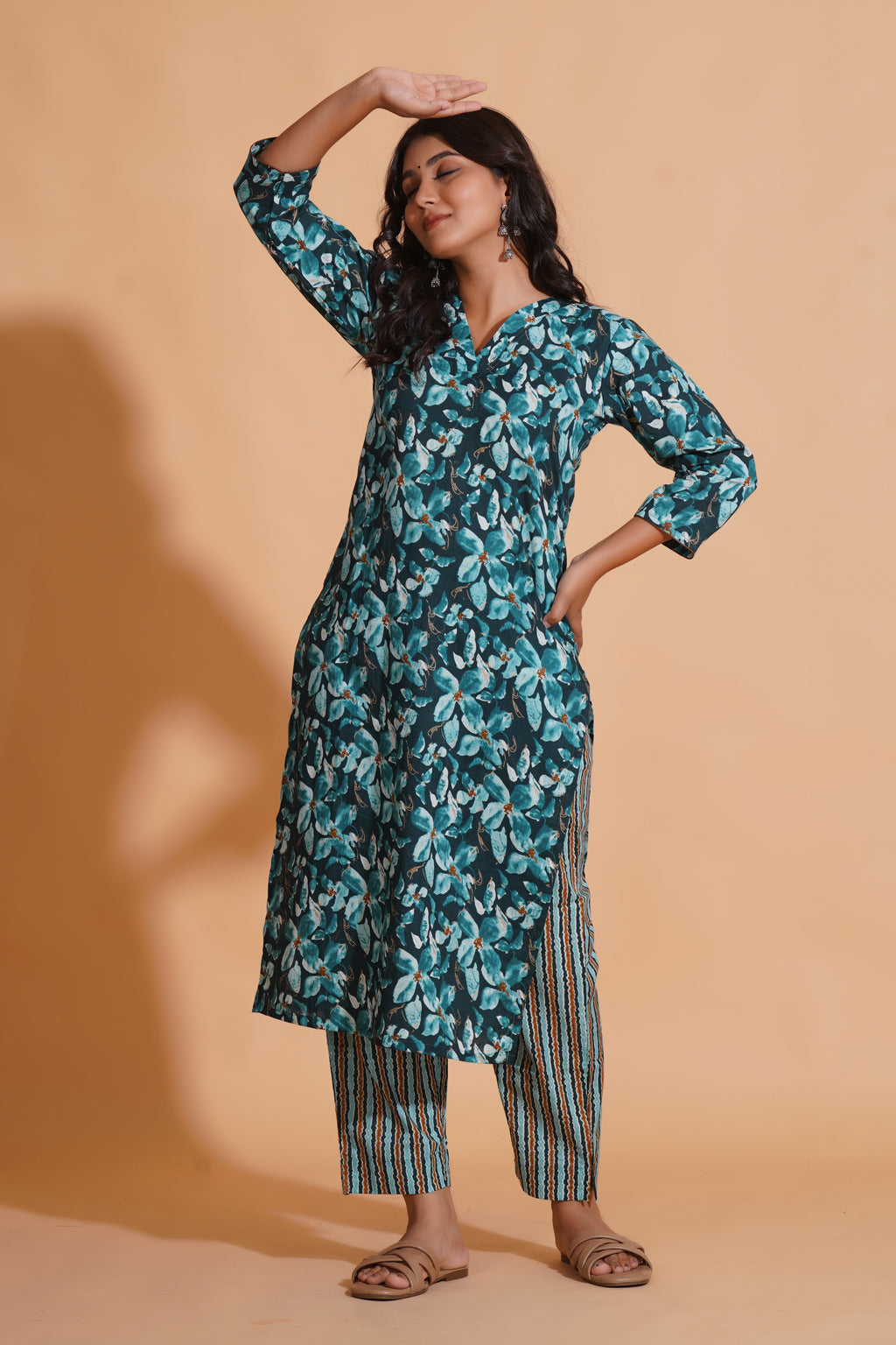 Teal Blossom Print Kurta Set