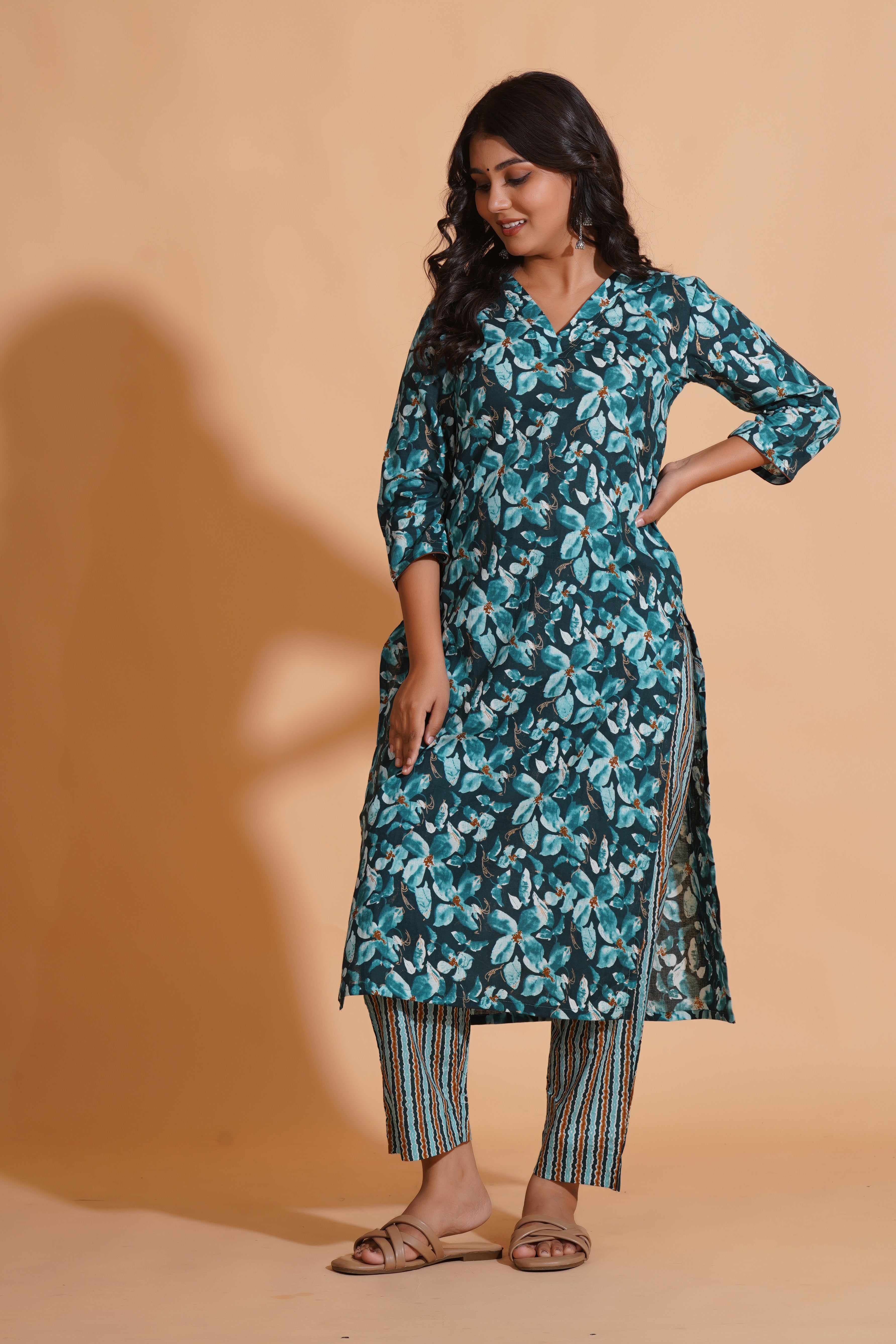 Teal Blossom Print Kurta Set