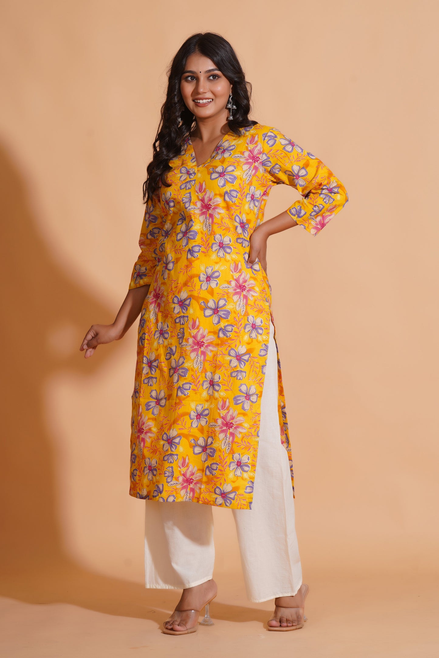 Vibrant Yellow Floral Cotton Kurta Set with Palazzo