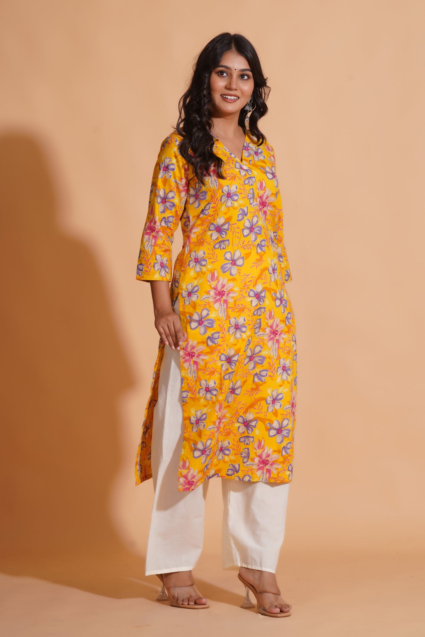 Vibrant Yellow Floral Cotton Kurta Set with Palazzo
