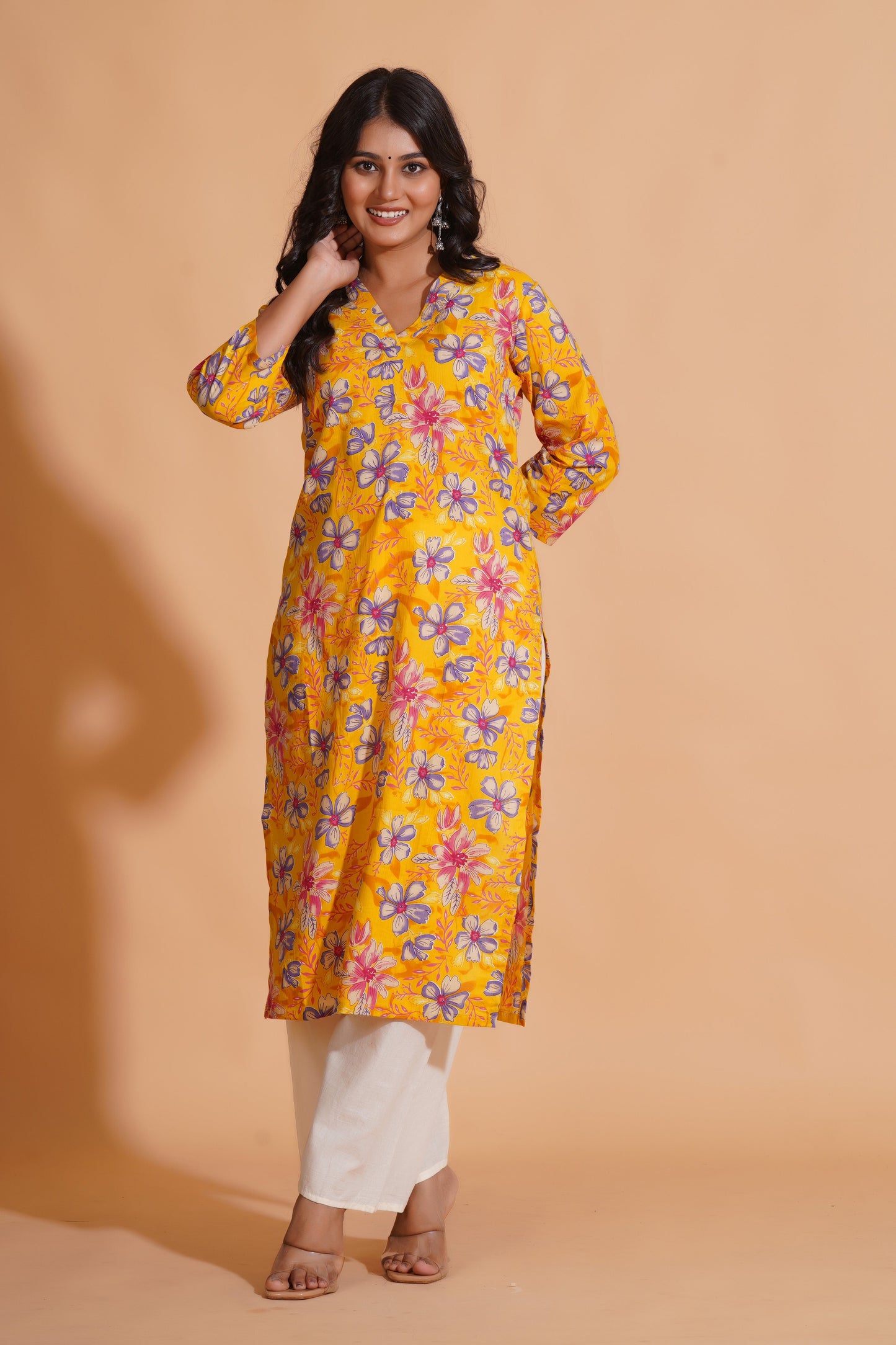 Vibrant Yellow Floral Cotton Kurta Set with Palazzo