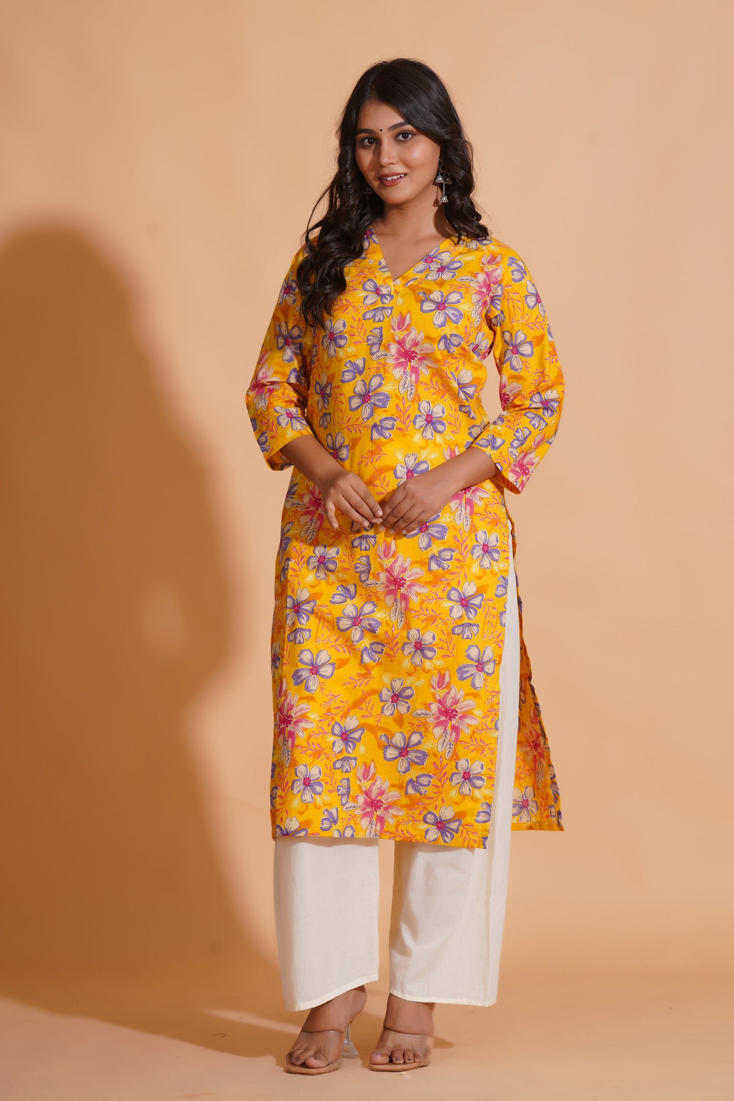 Vibrant Yellow Floral Cotton Kurta Set with Palazzo