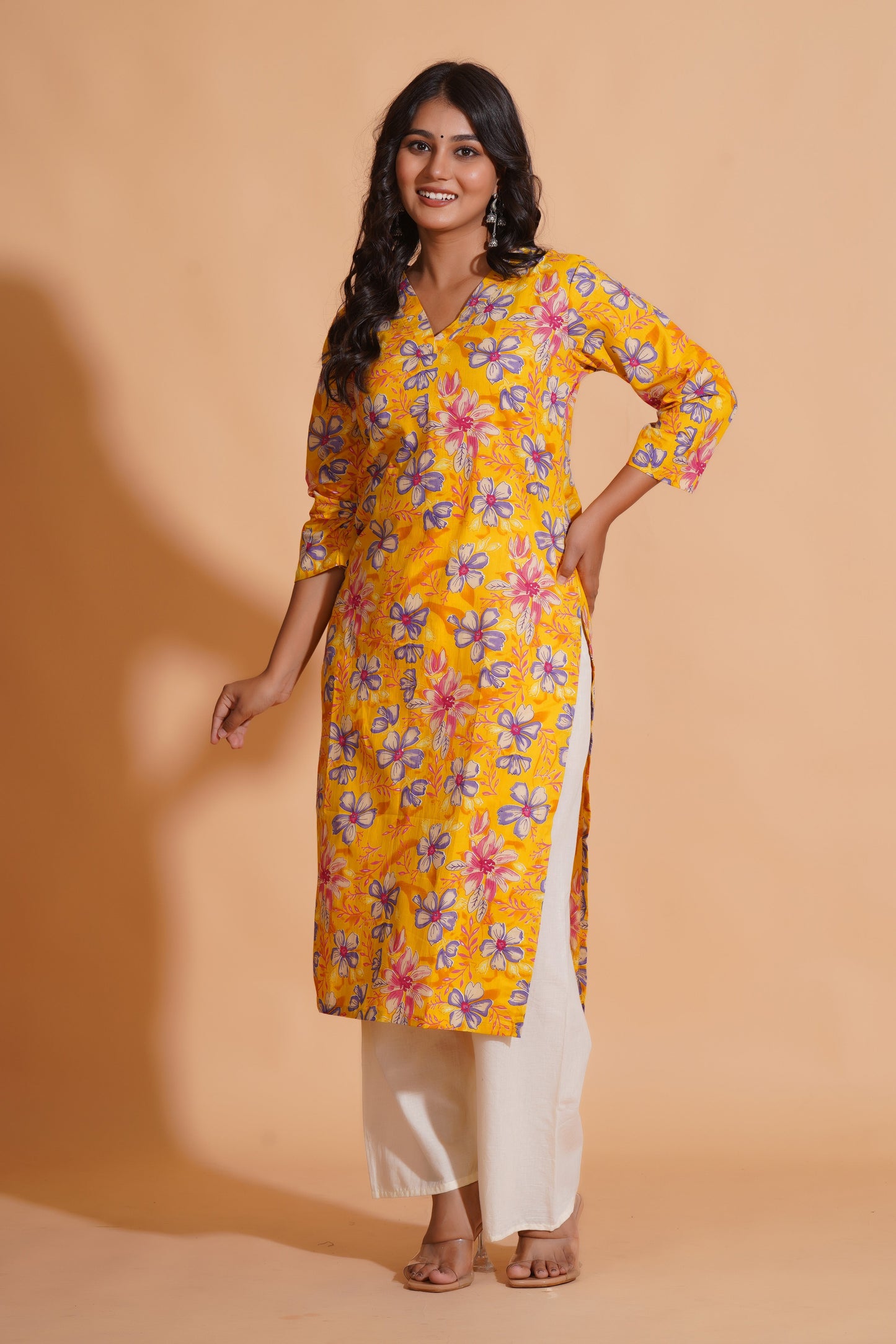Vibrant Yellow Floral Cotton Kurta Set with Palazzo