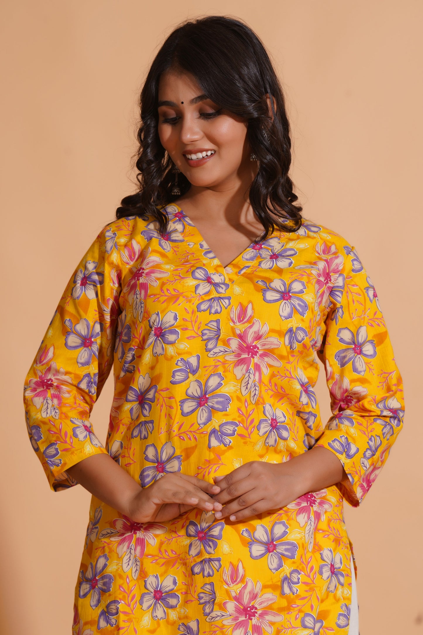 Vibrant Yellow Floral Cotton Kurta Set with Palazzo