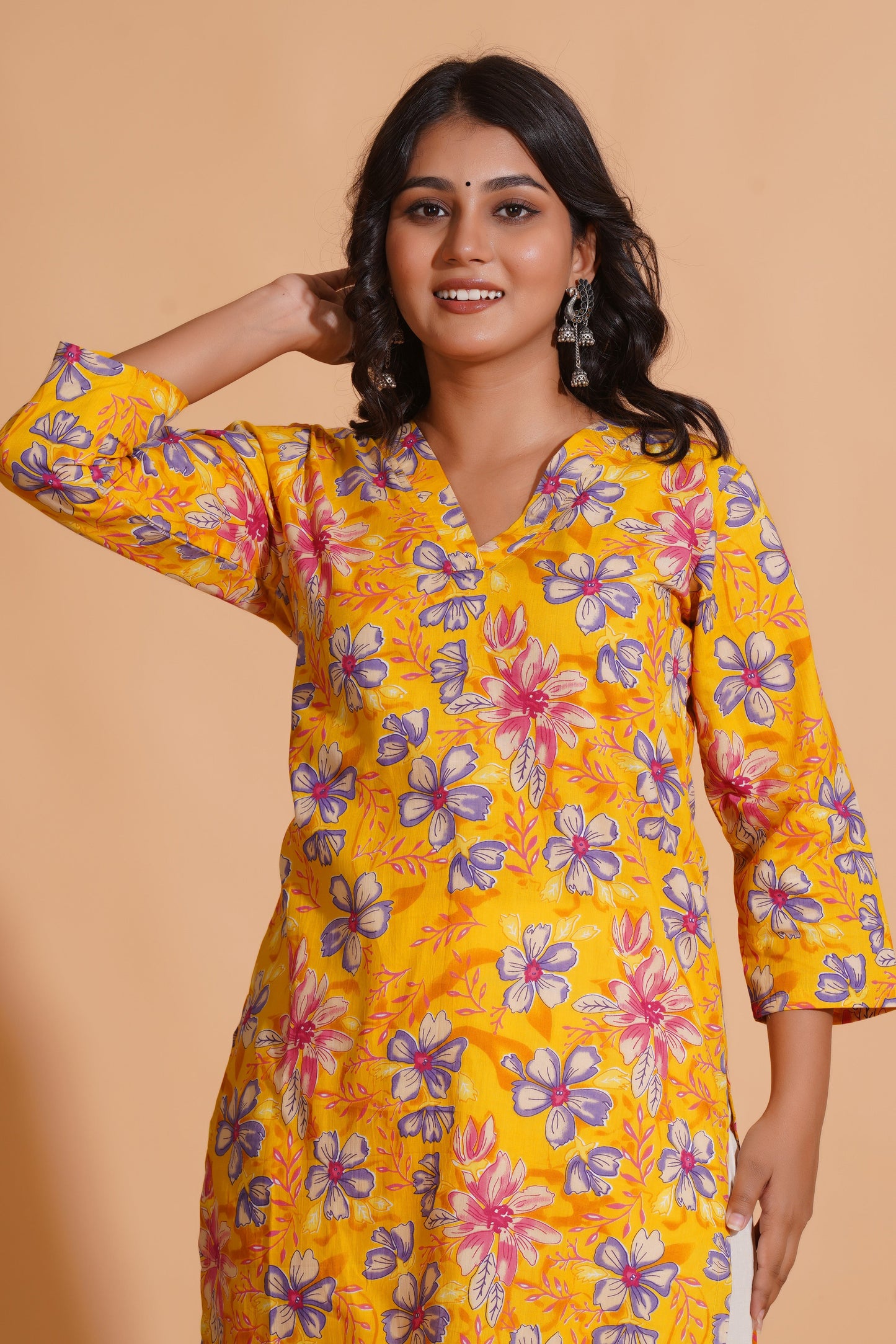 Vibrant Yellow Floral Cotton Kurta Set with Palazzo