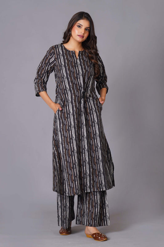 Charcoal Stripe Handblock Cotton Kurta Set