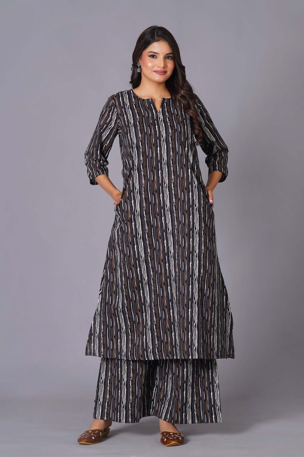 Charcoal Stripe Handblock Cotton Kurta Set