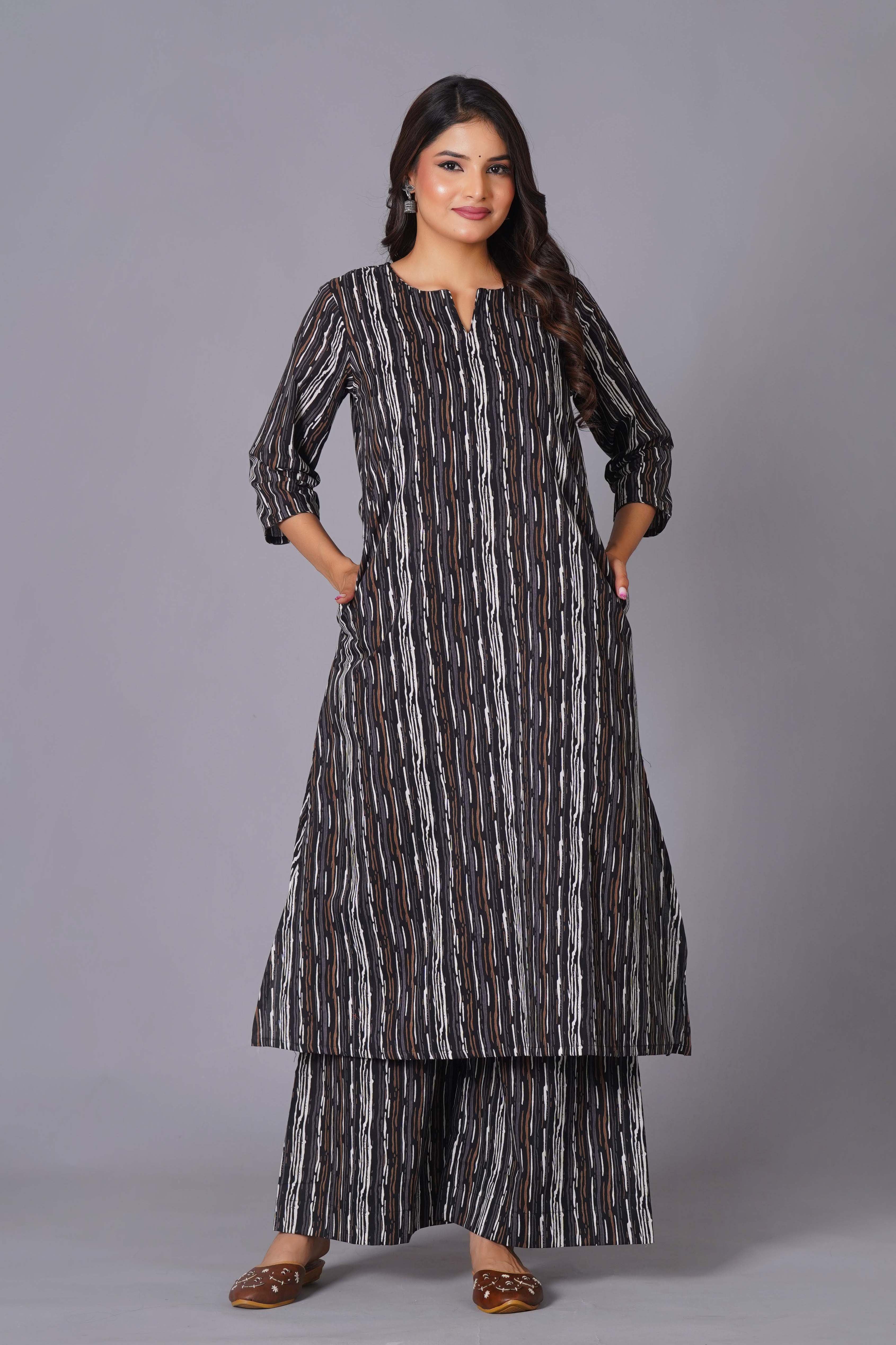 Charcoal Stripe Handblock Cotton Kurta Set