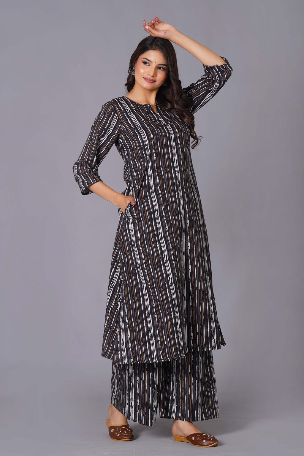 Charcoal Stripe Handblock Cotton Kurta Set