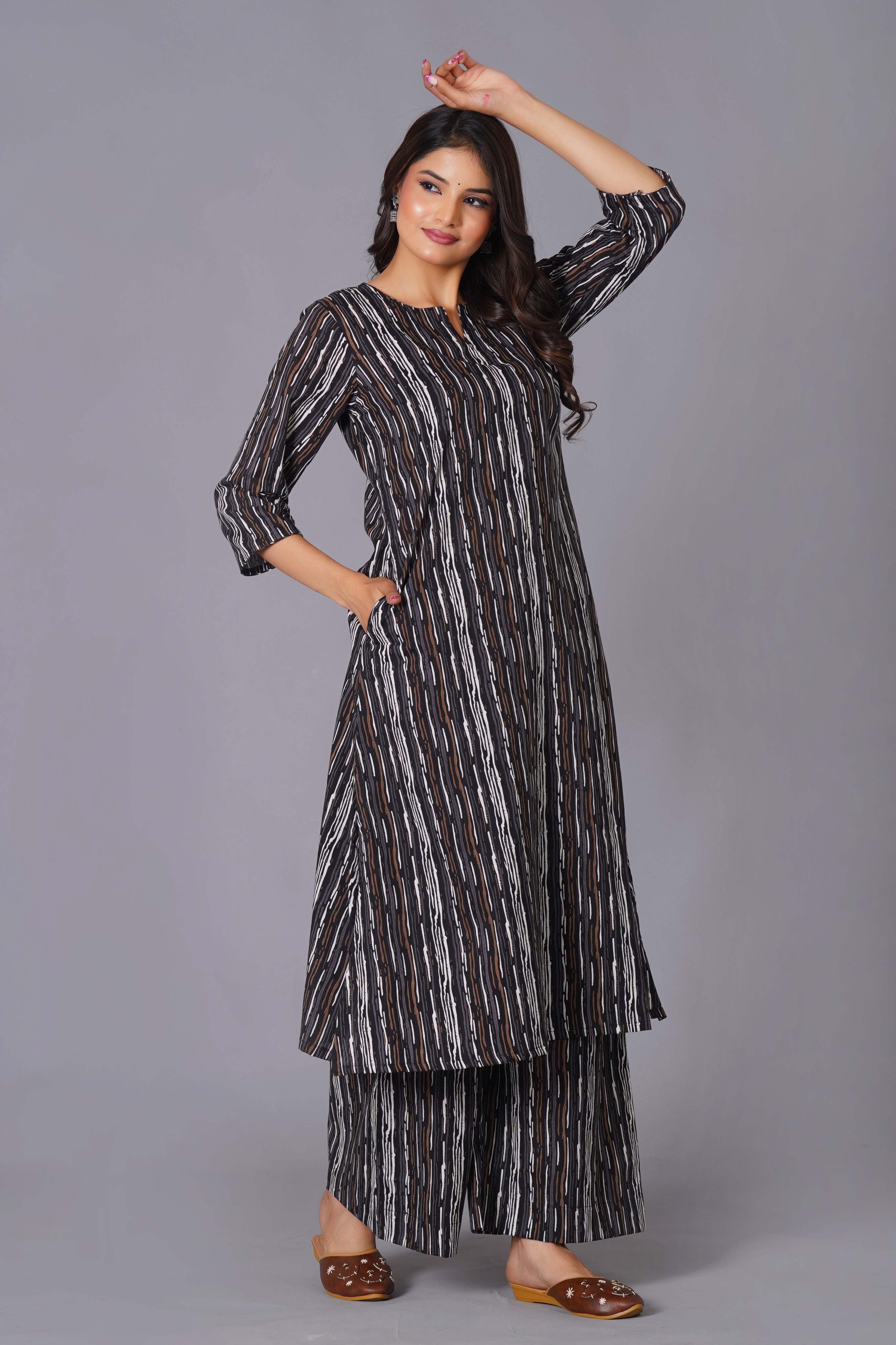 Charcoal Stripe Handblock Cotton Kurta Set