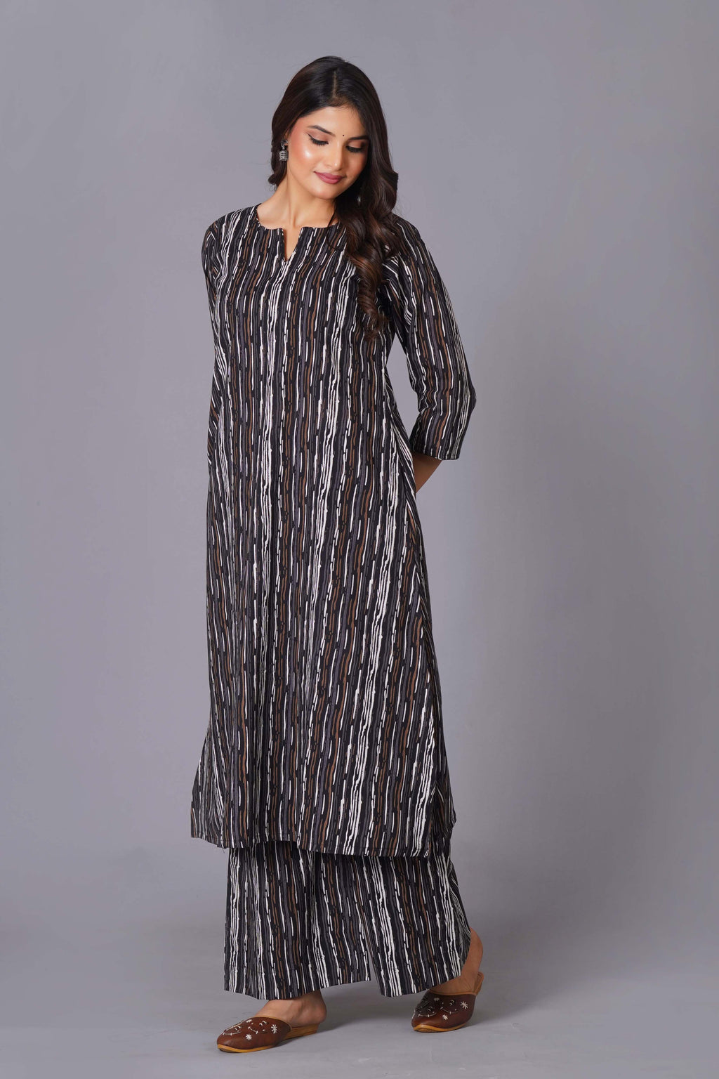 Charcoal Stripe Handblock Cotton Kurta Set