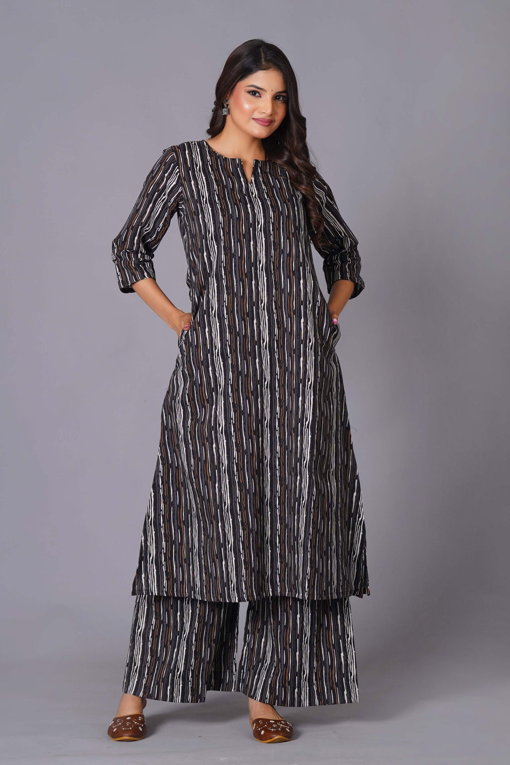 Charcoal Stripe Handblock Cotton Kurta Set