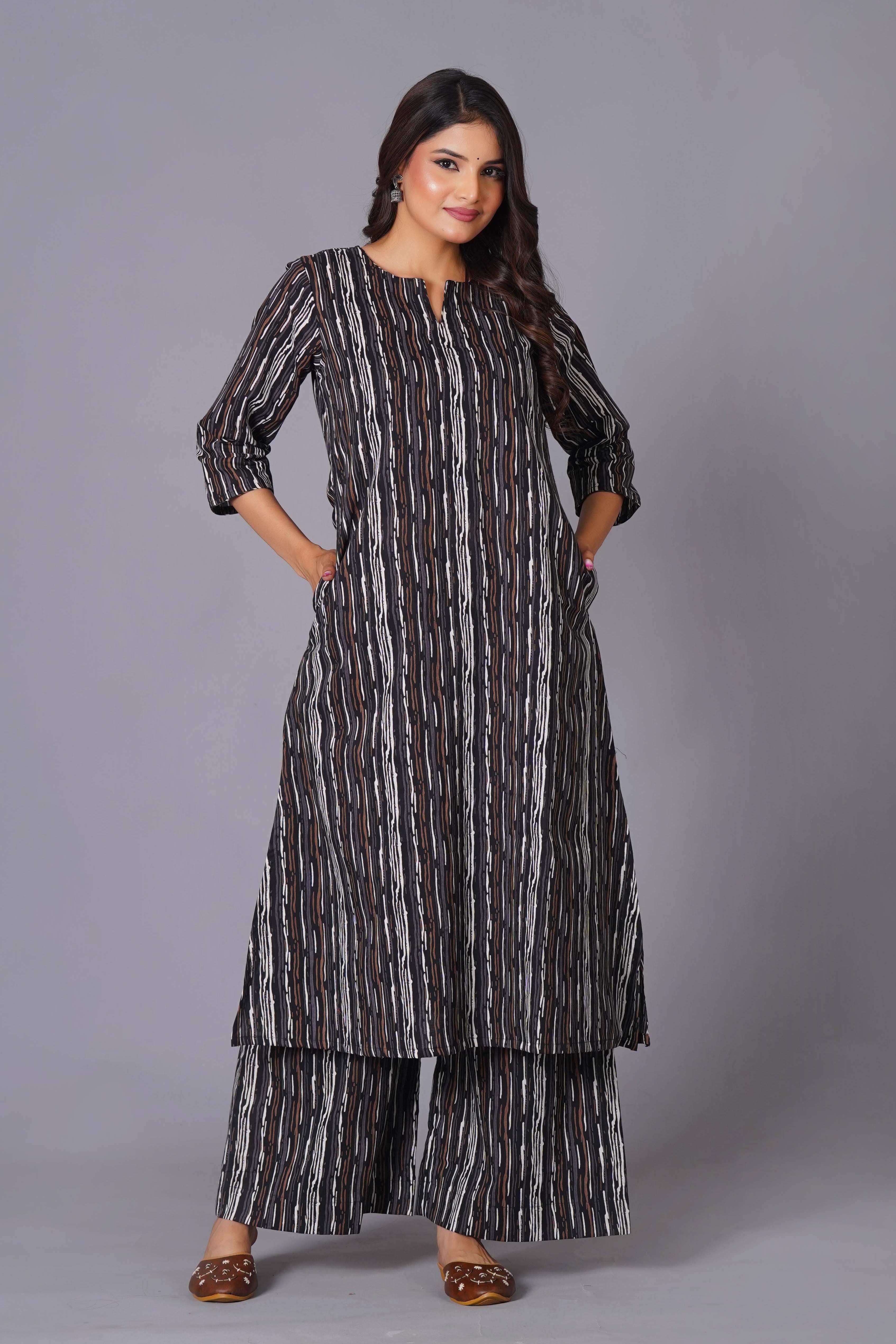 Charcoal Stripe Handblock Cotton Kurta Set