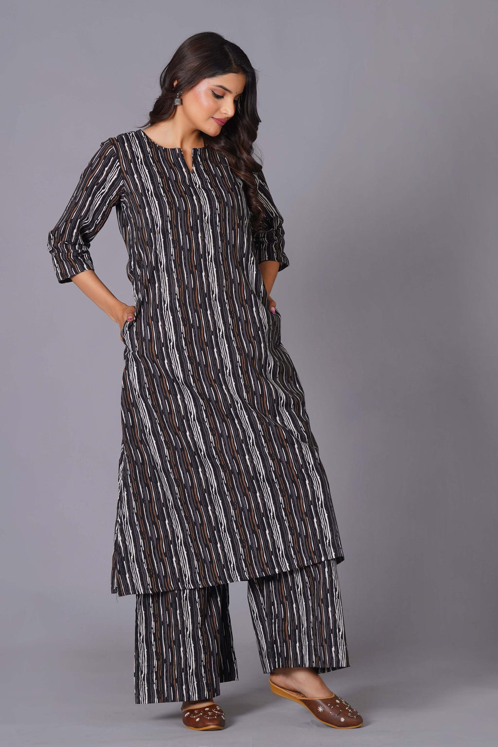 Charcoal Stripe Handblock Cotton Kurta Set