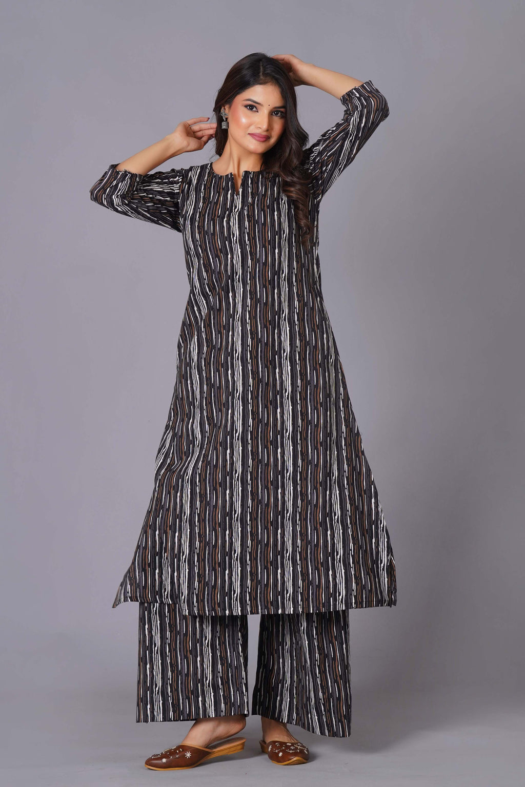 Charcoal Stripe Handblock Cotton Kurta Set