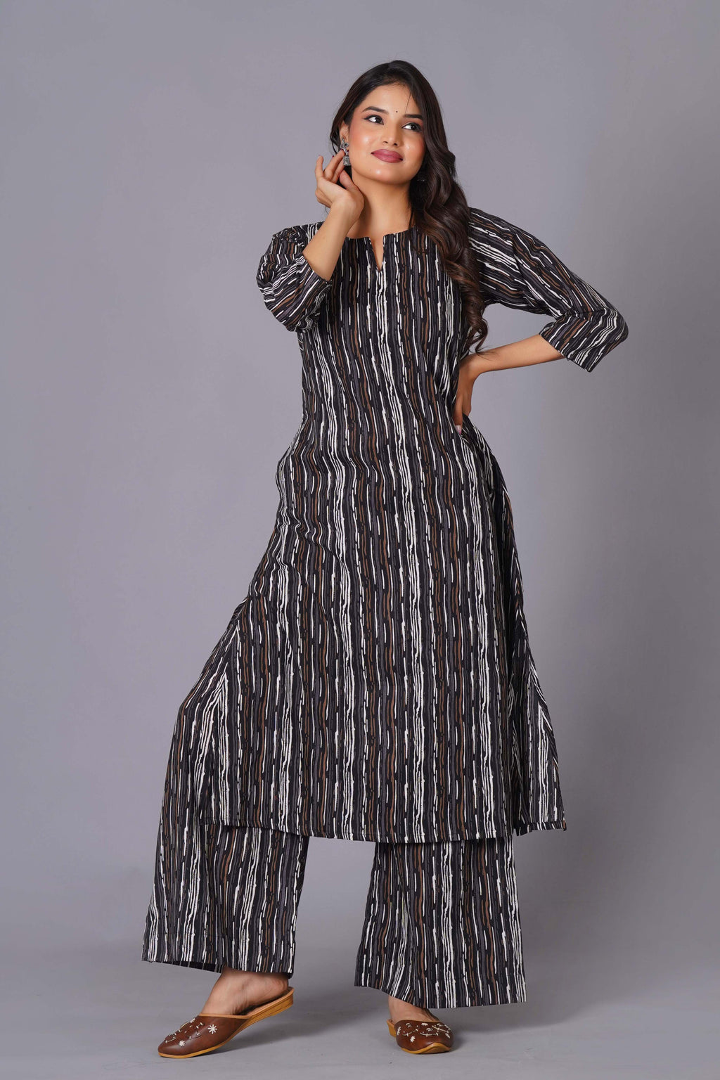 Charcoal Stripe Handblock Cotton Kurta Set