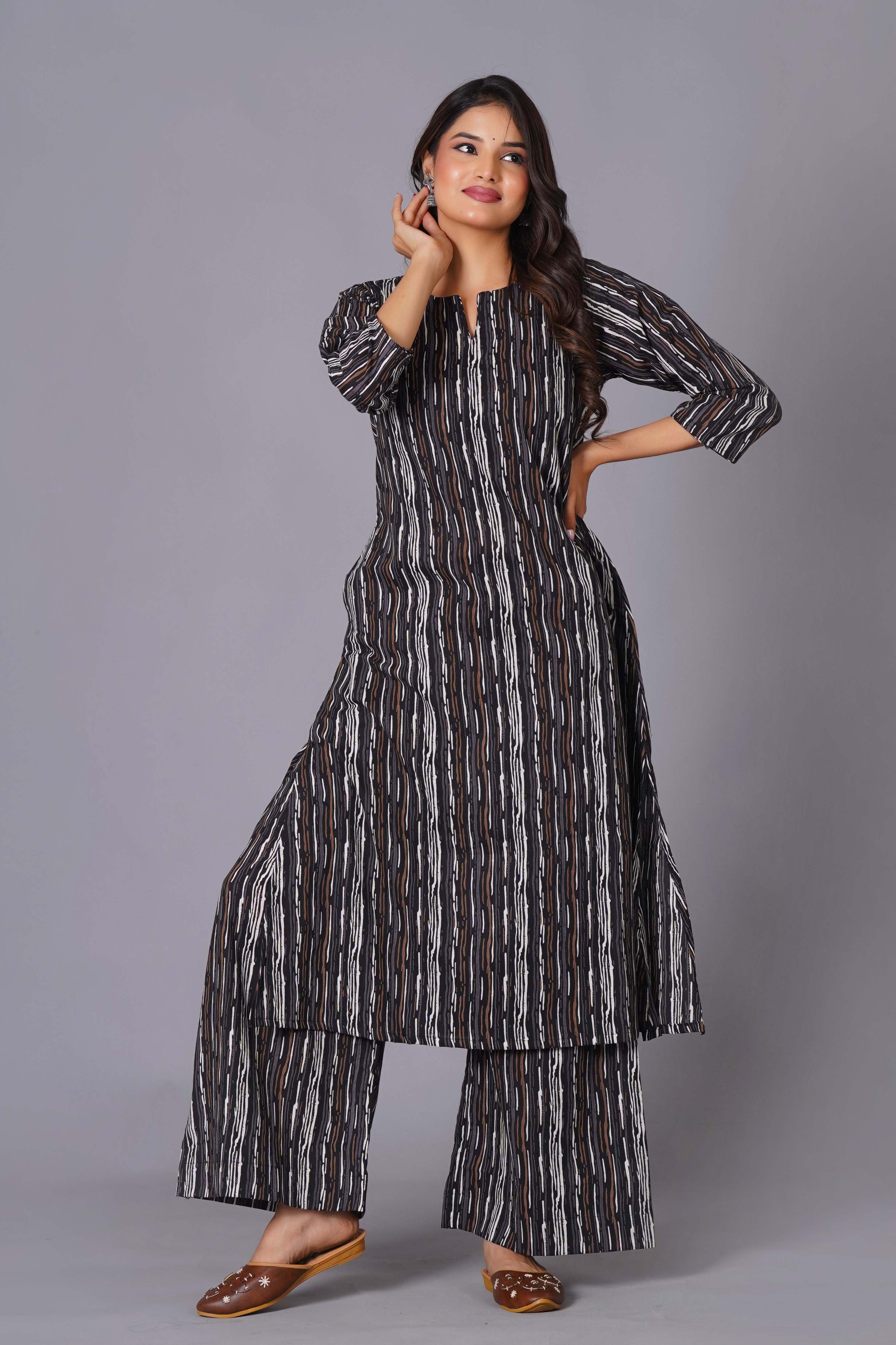 Charcoal Stripe Handblock Cotton Kurta Set