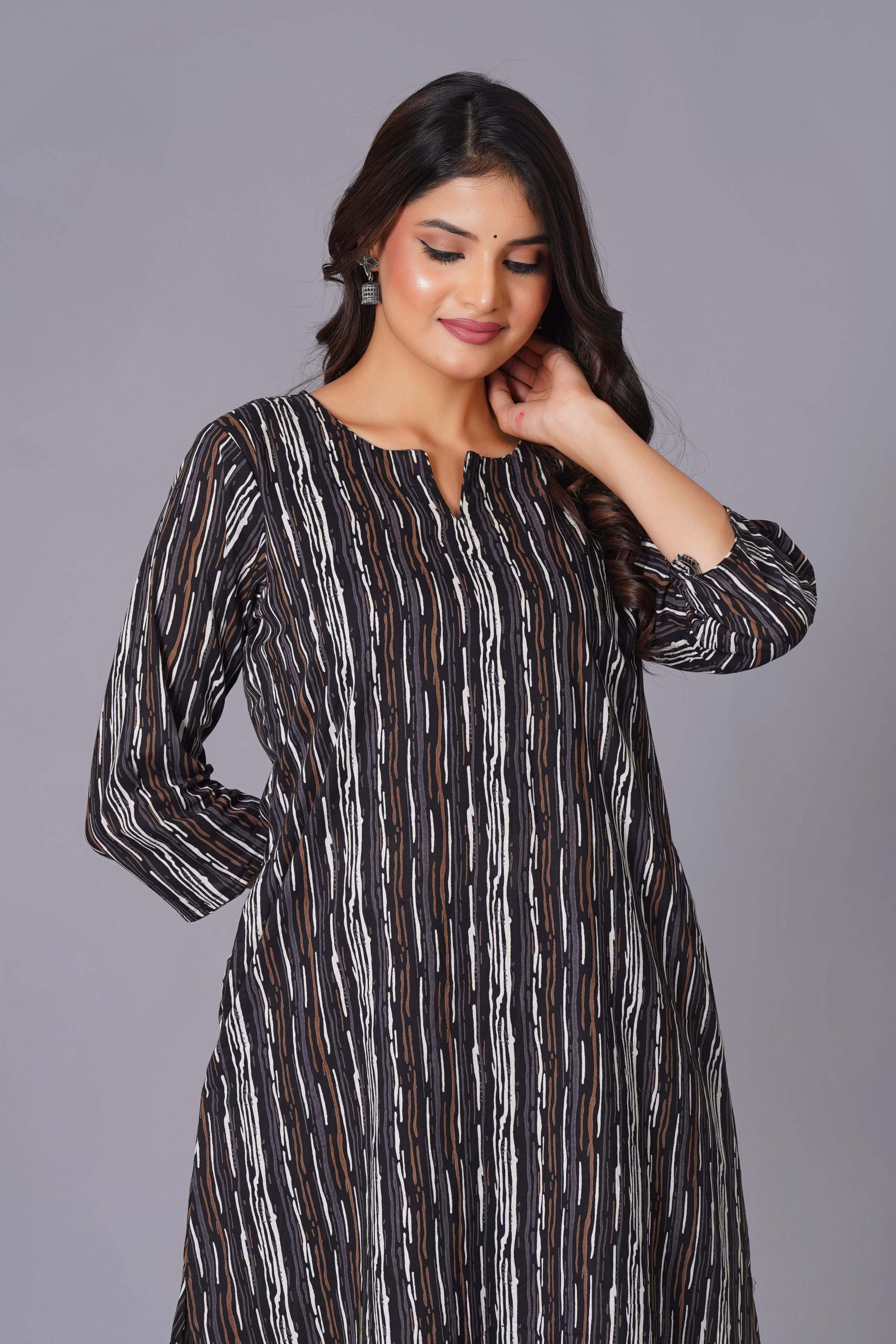 Charcoal Stripe Handblock Cotton Kurta Set