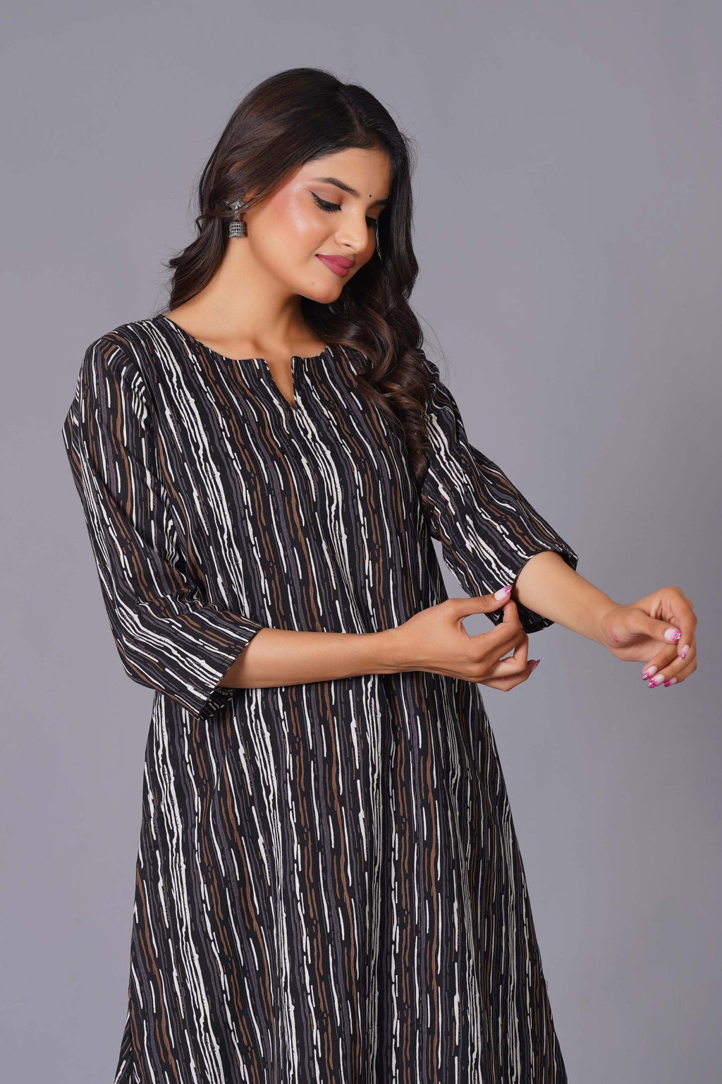 Charcoal Stripe Handblock Cotton Kurta Set