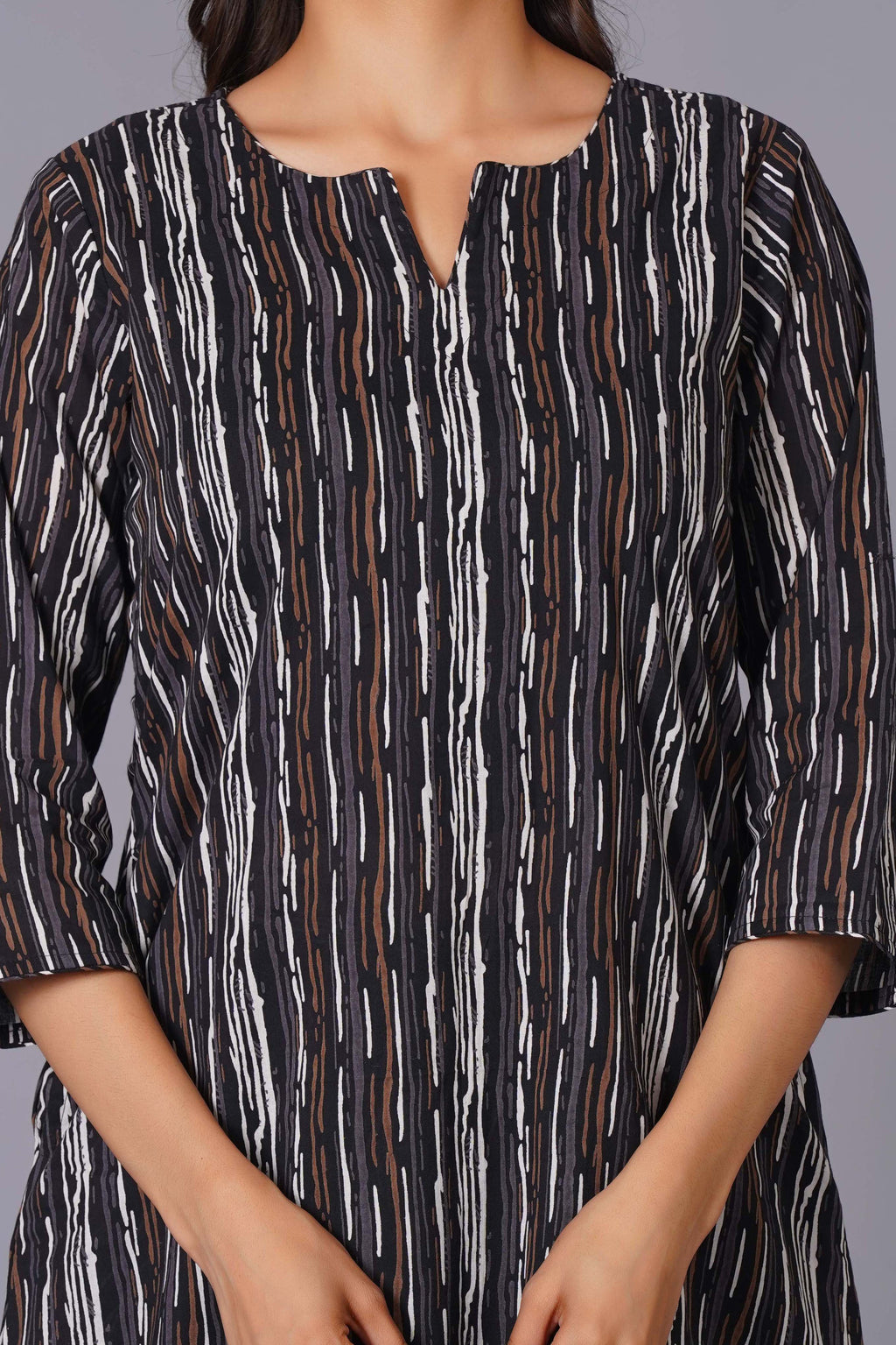 Charcoal Stripe Handblock Cotton Kurta Set