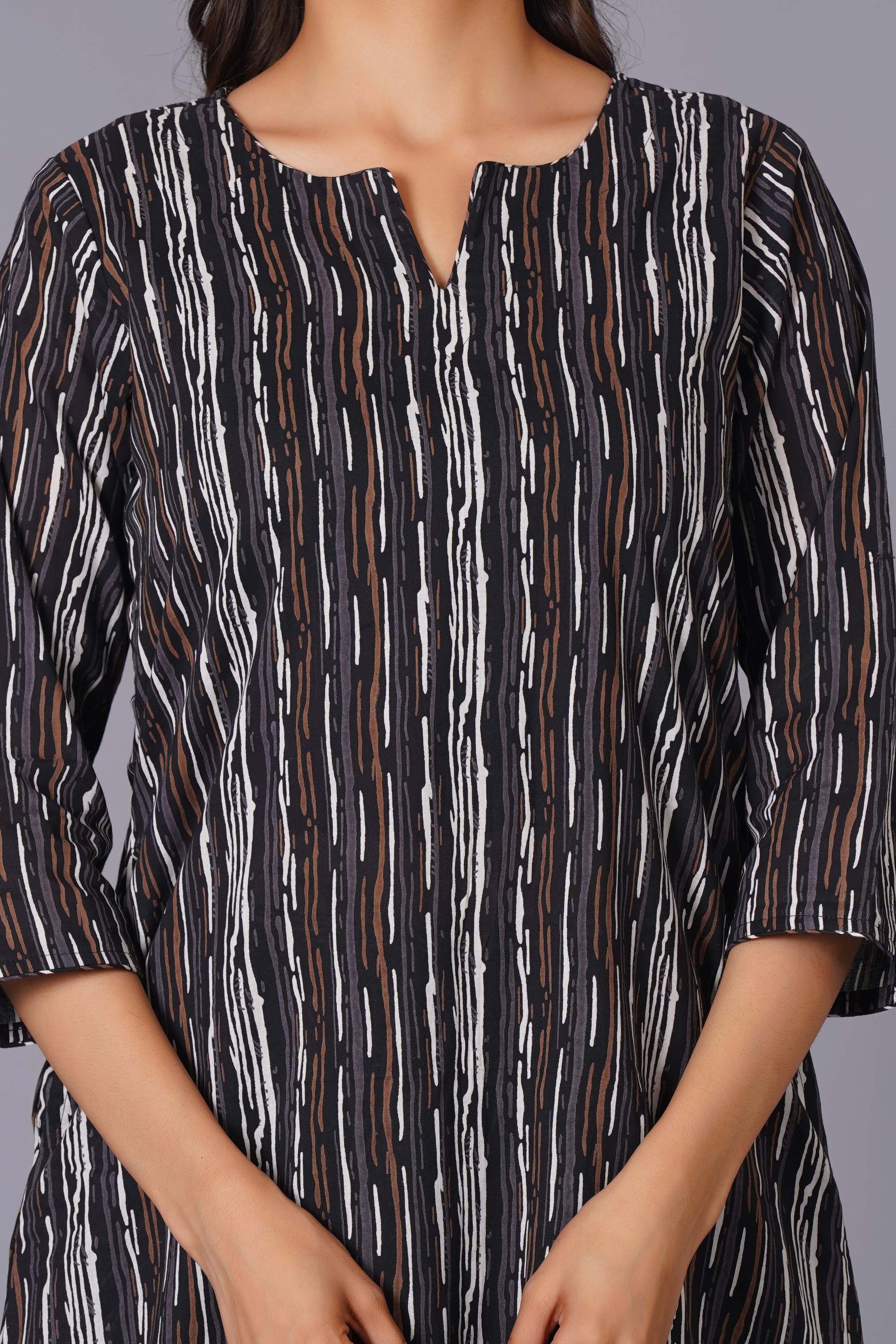 Charcoal Stripe Handblock Cotton Kurta Set
