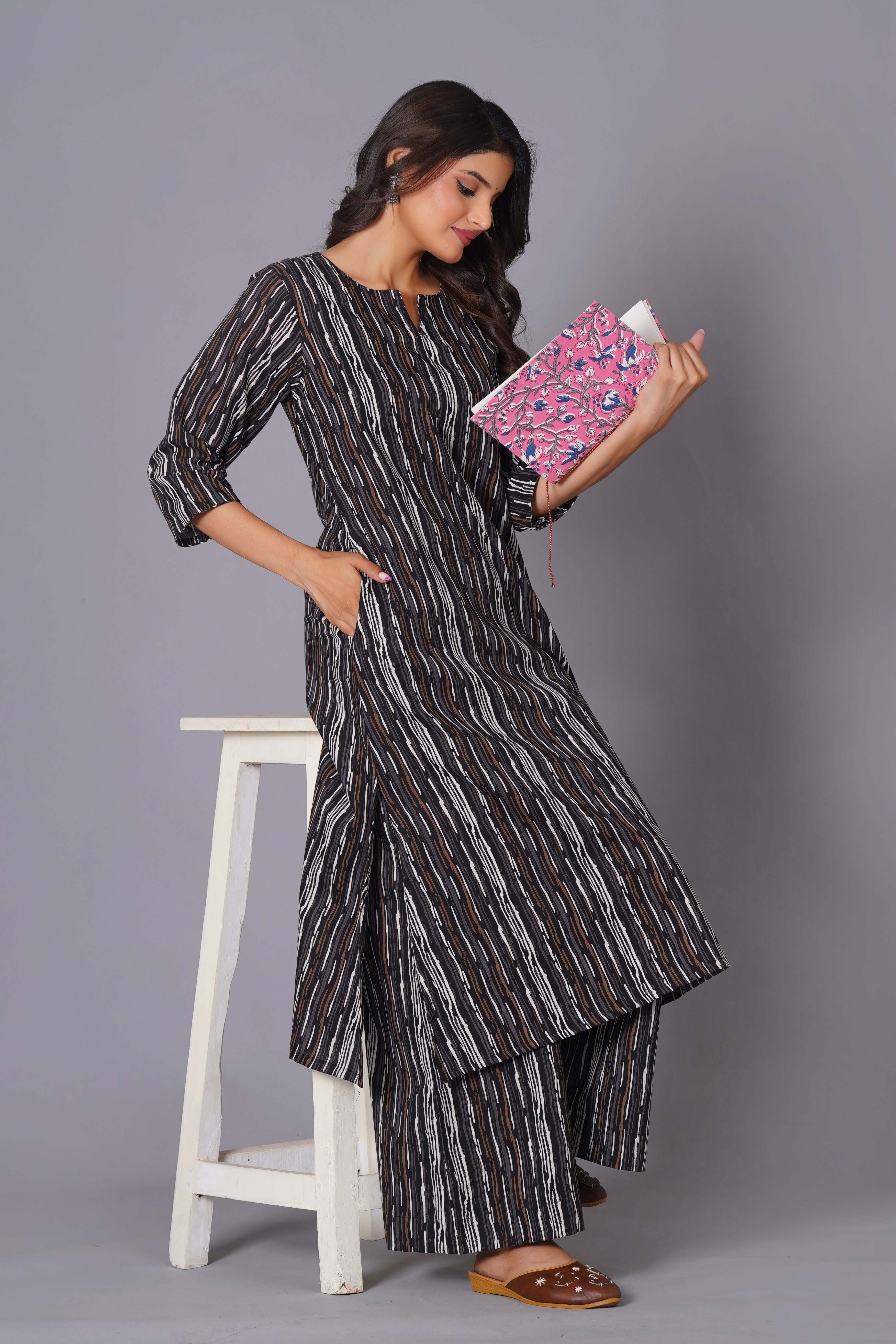 Charcoal Stripe Handblock Cotton Kurta Set