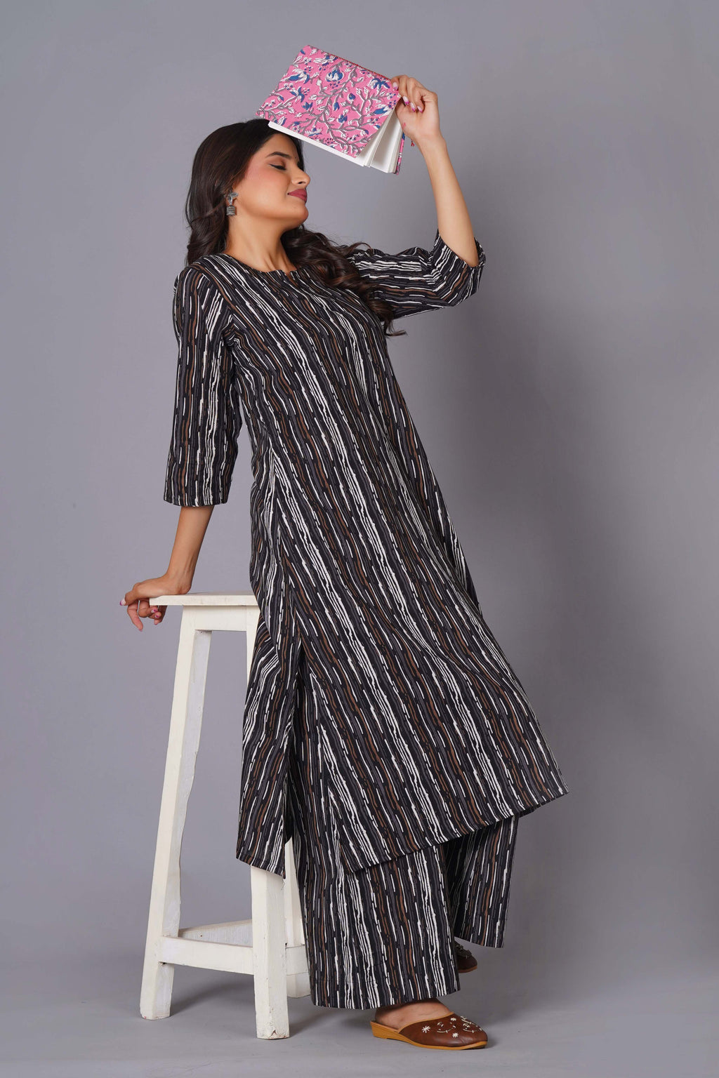 Charcoal Stripe Handblock Cotton Kurta Set