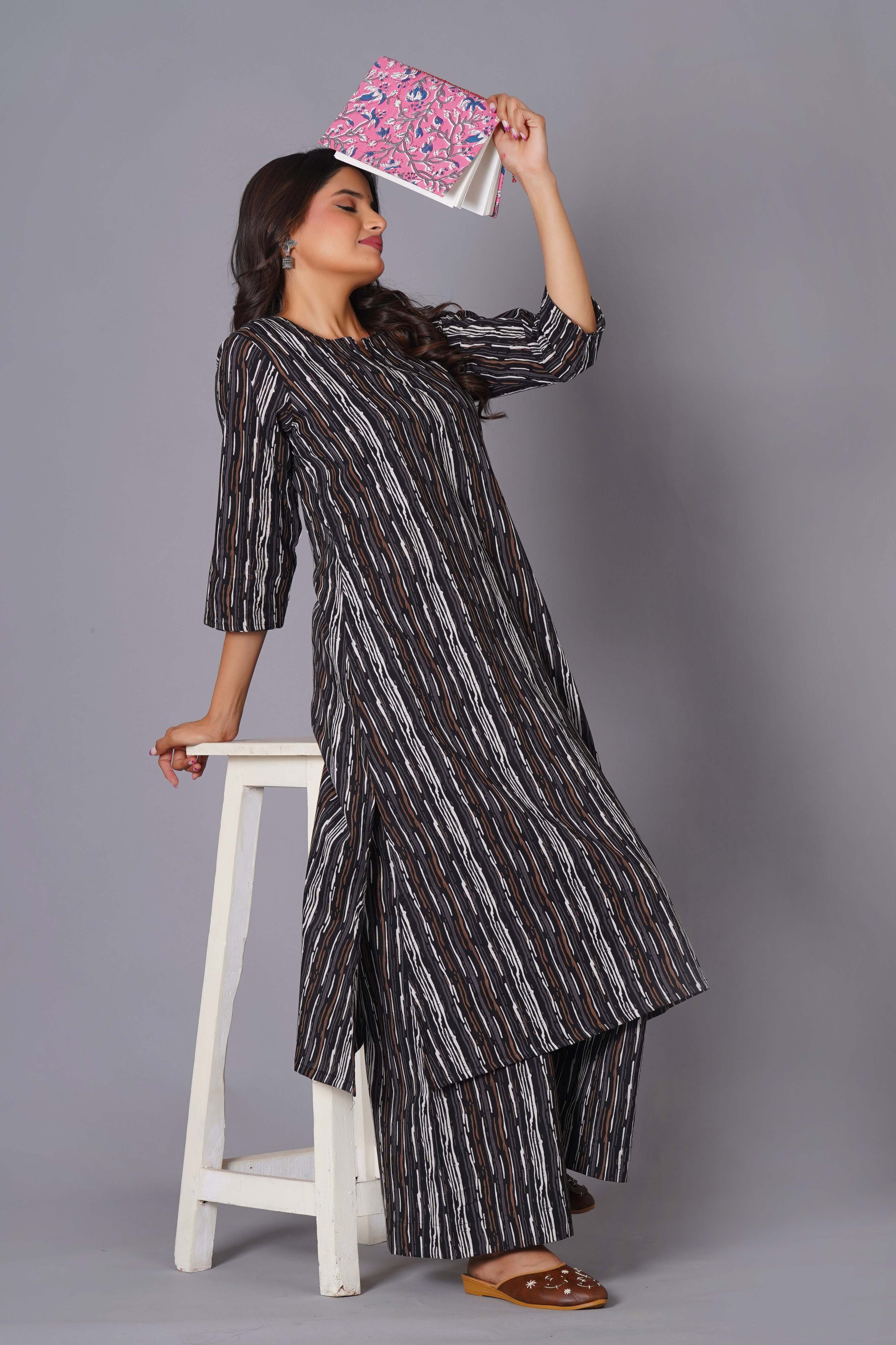Charcoal Stripe Handblock Cotton Kurta Set