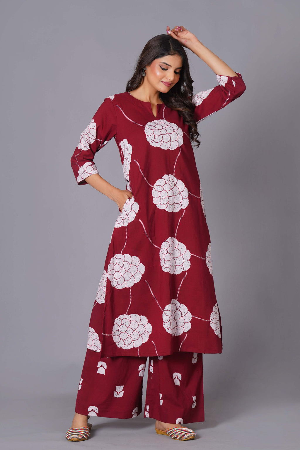 Crimson Blossom Oversized Floral Cotton Kurta Set