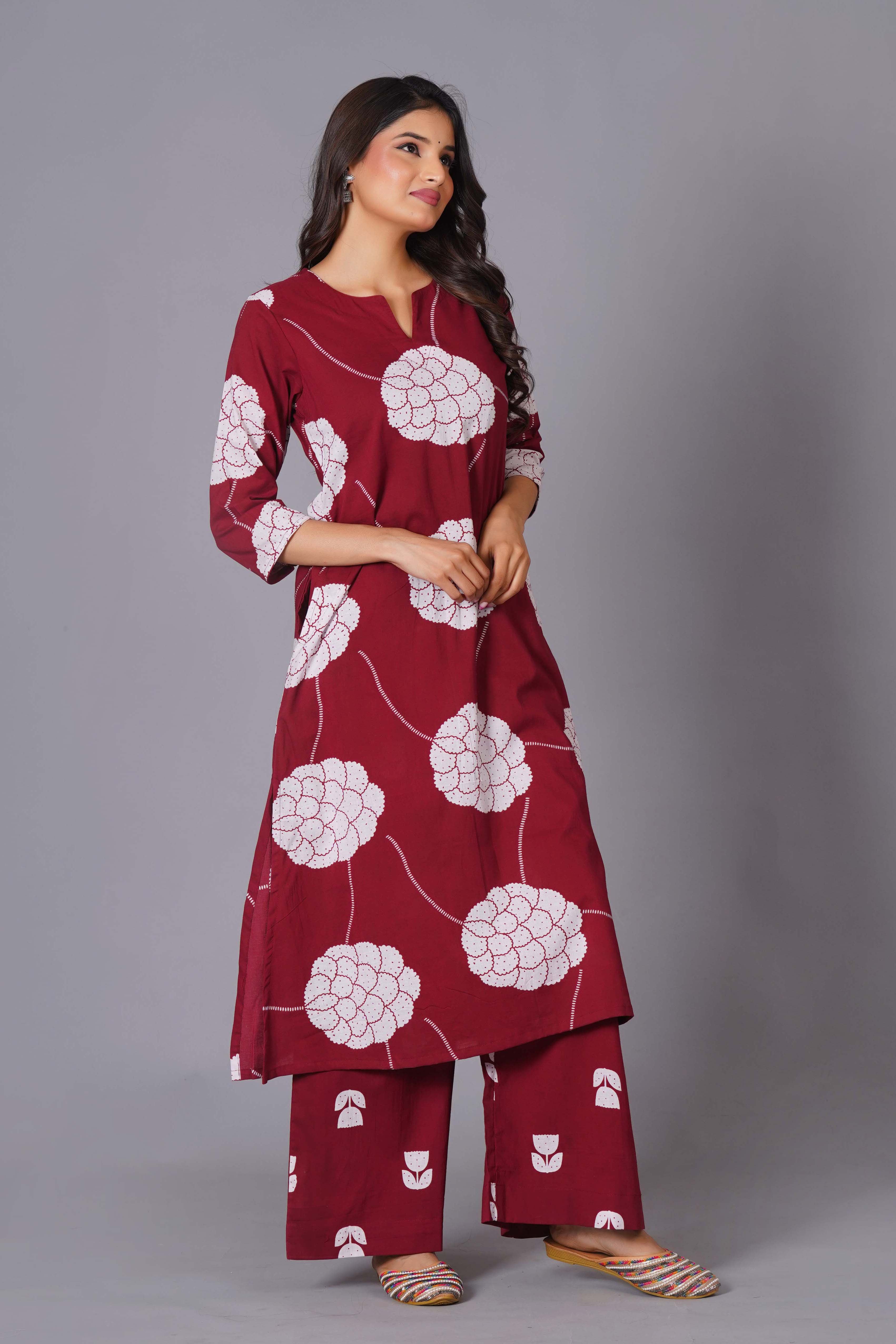 Crimson Blossom Oversized Floral Cotton Kurta Set