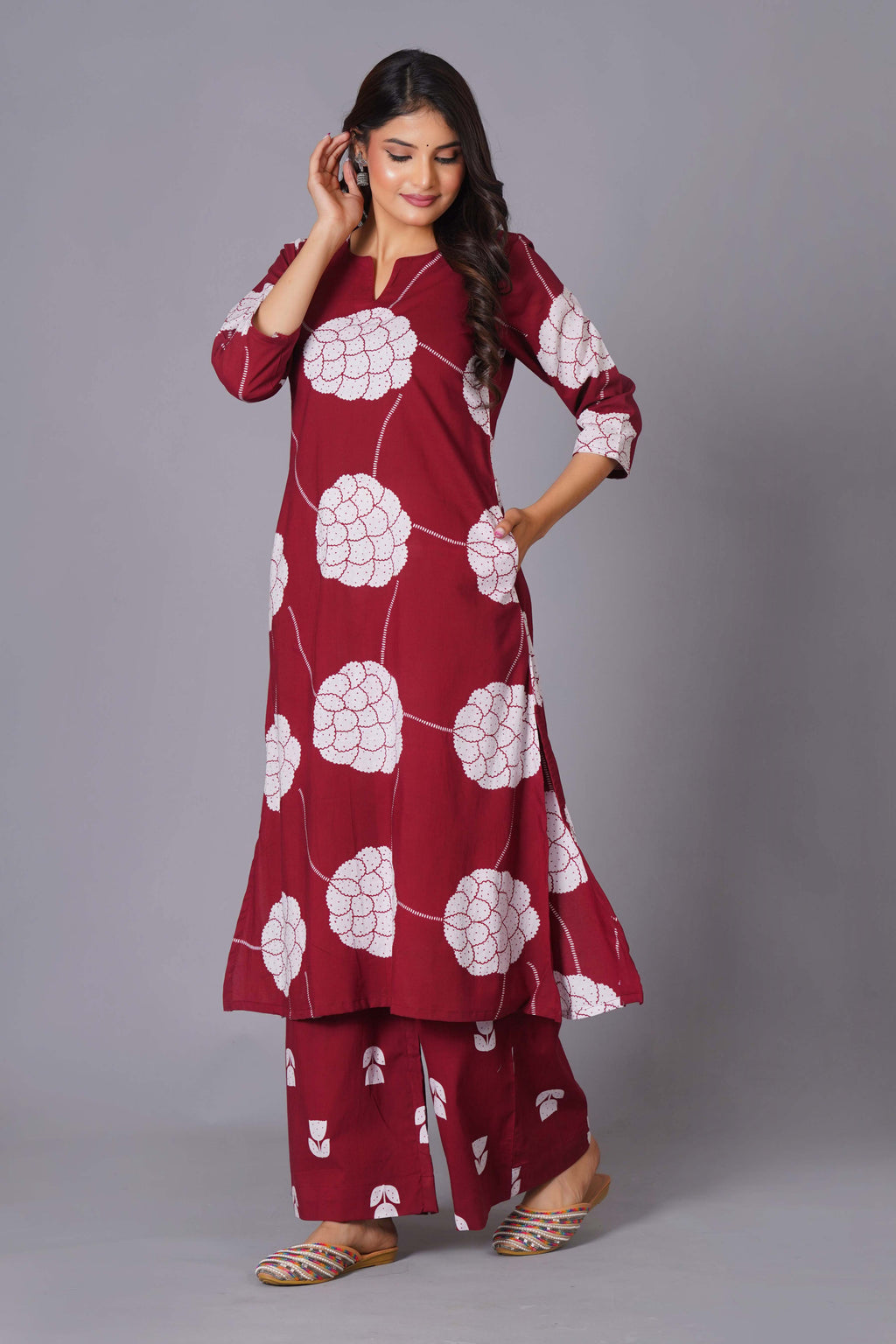Crimson Blossom Oversized Floral Cotton Kurta Set