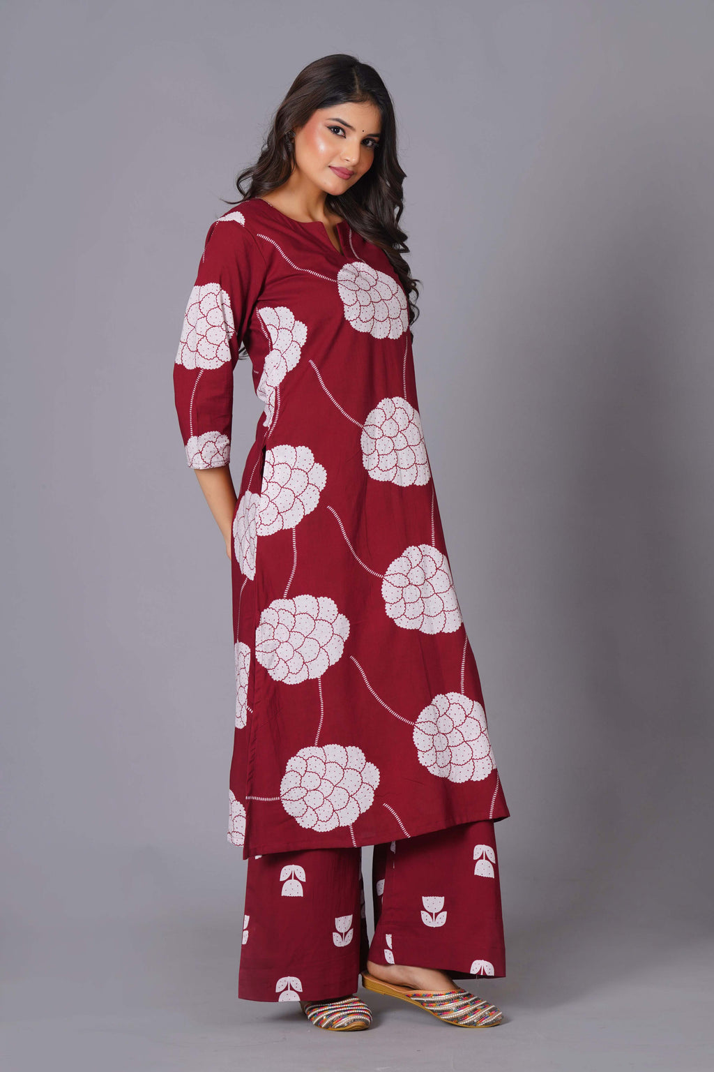 Crimson Blossom Oversized Floral Cotton Kurta Set