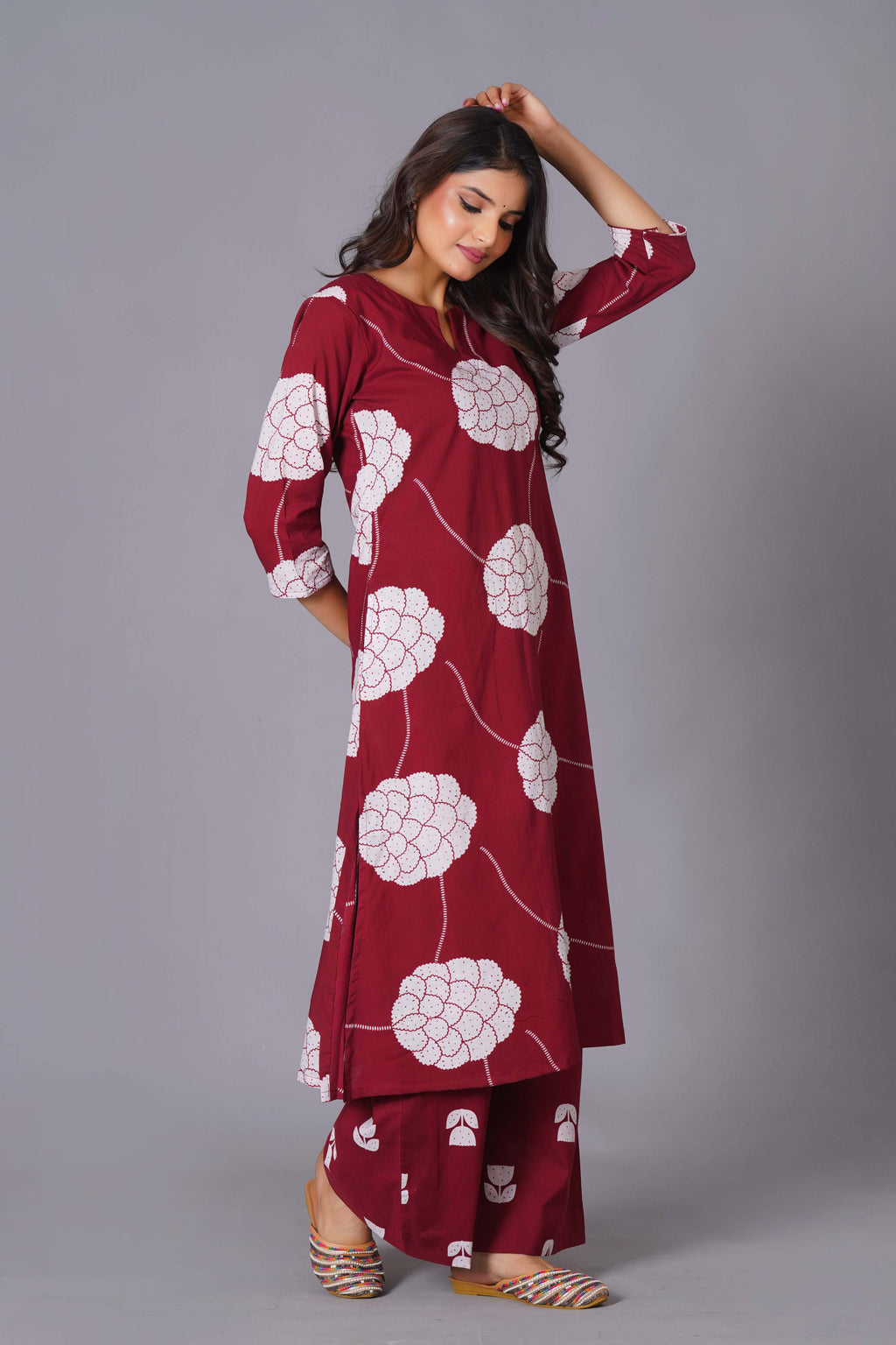 Crimson Blossom Oversized Floral Cotton Kurta Set