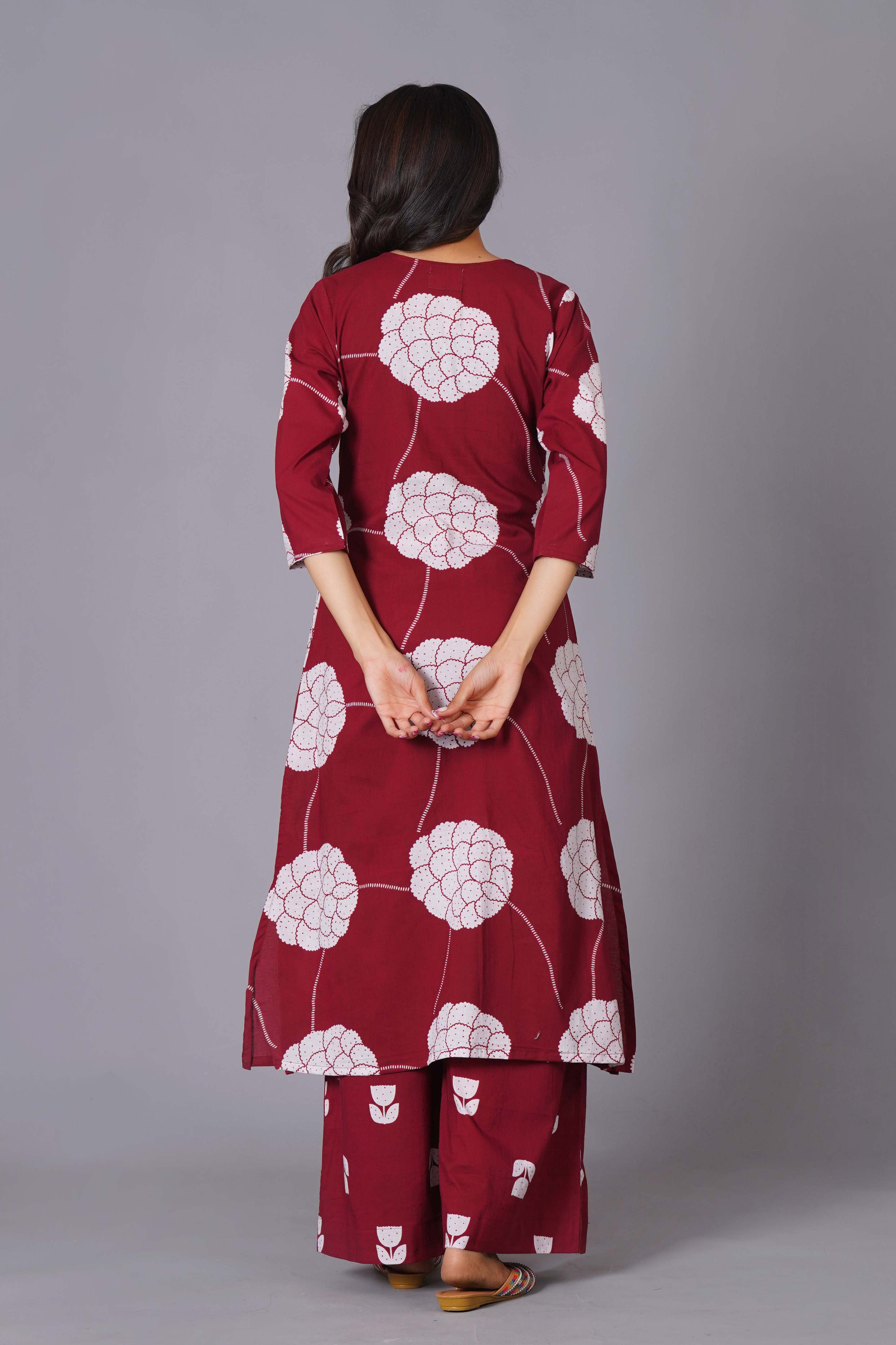 Crimson Blossom Oversized Floral Cotton Kurta Set