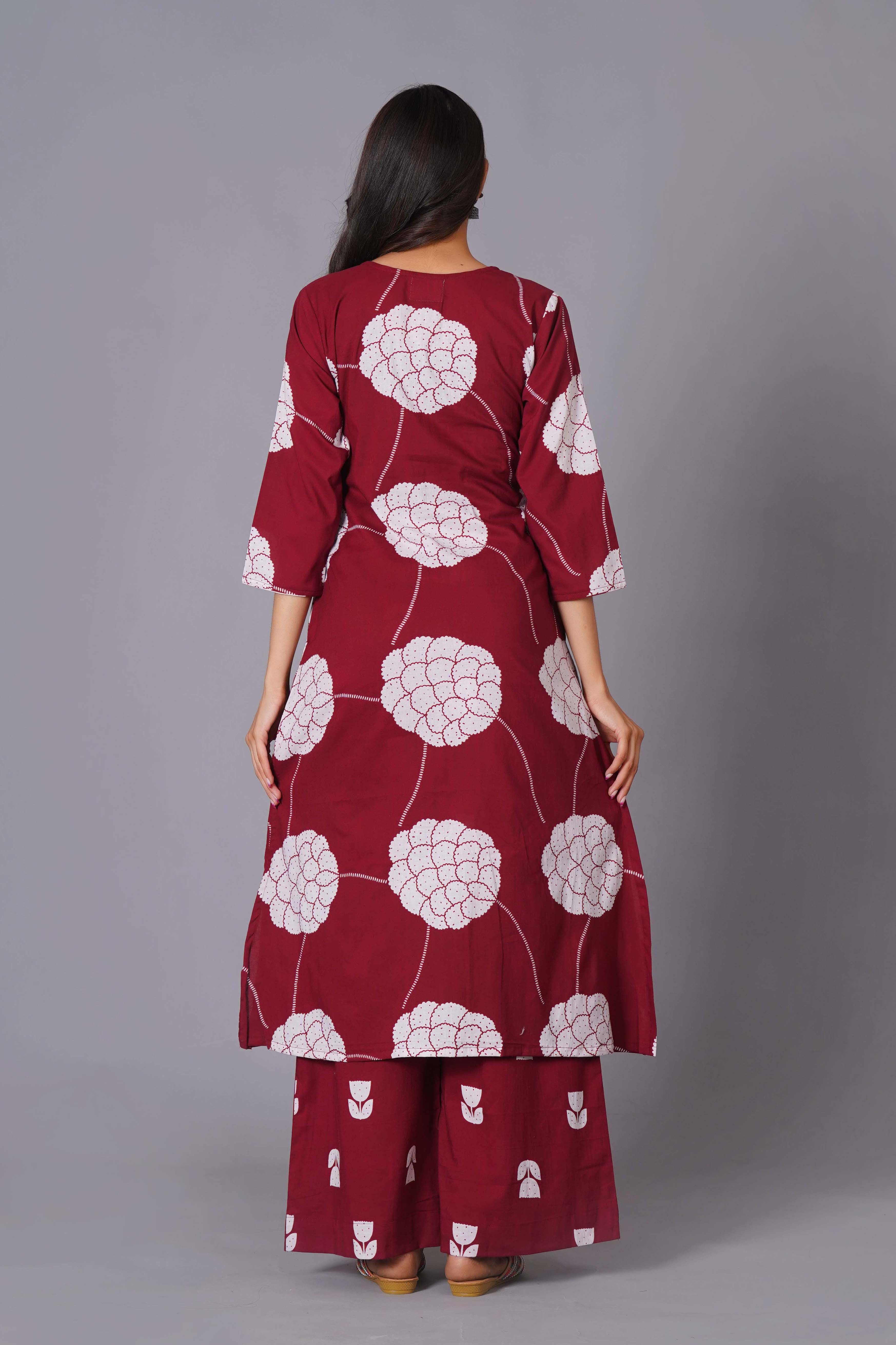 Crimson Blossom Oversized Floral Cotton Kurta Set