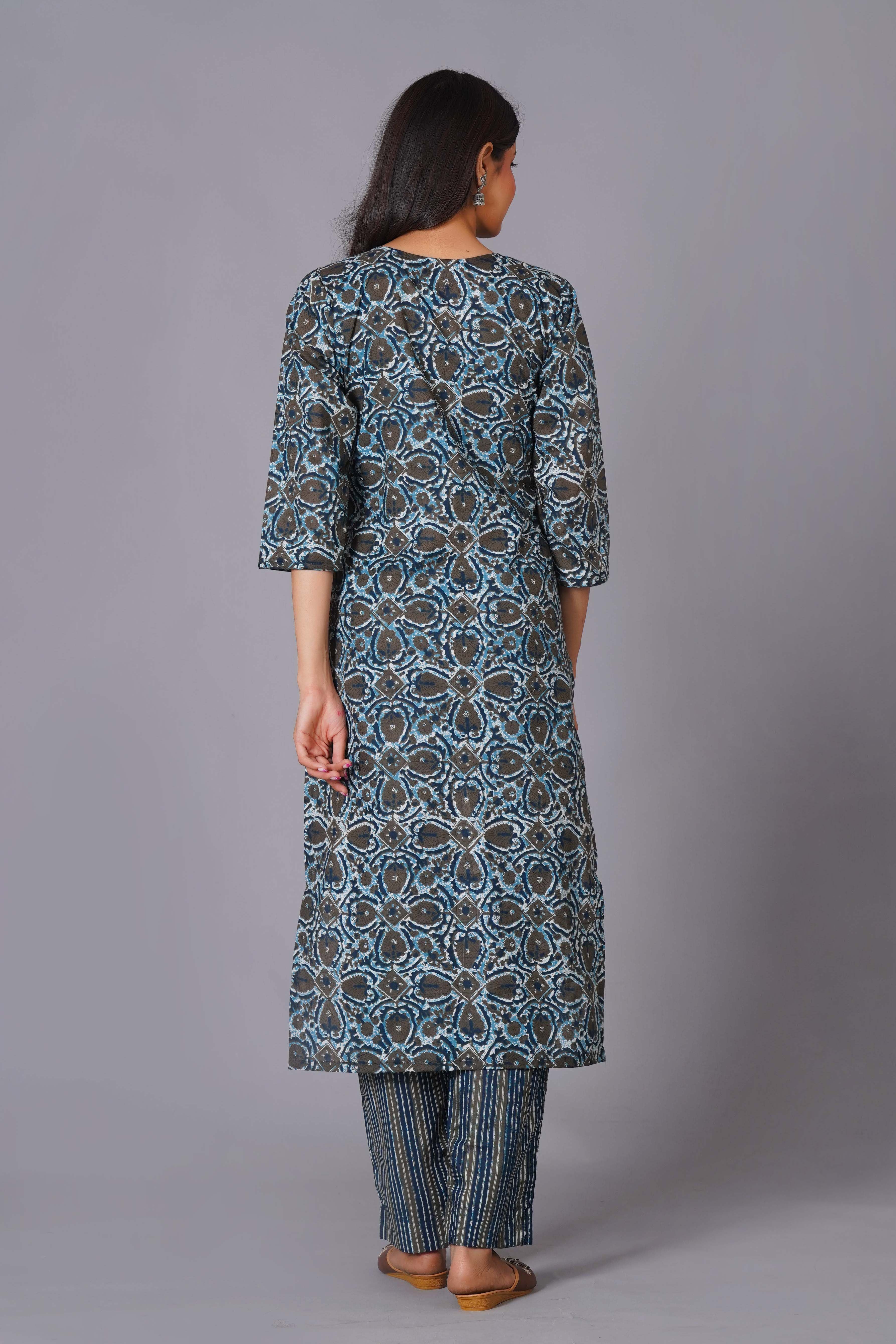 Azure Geometric Bloom Cotton Suit Set